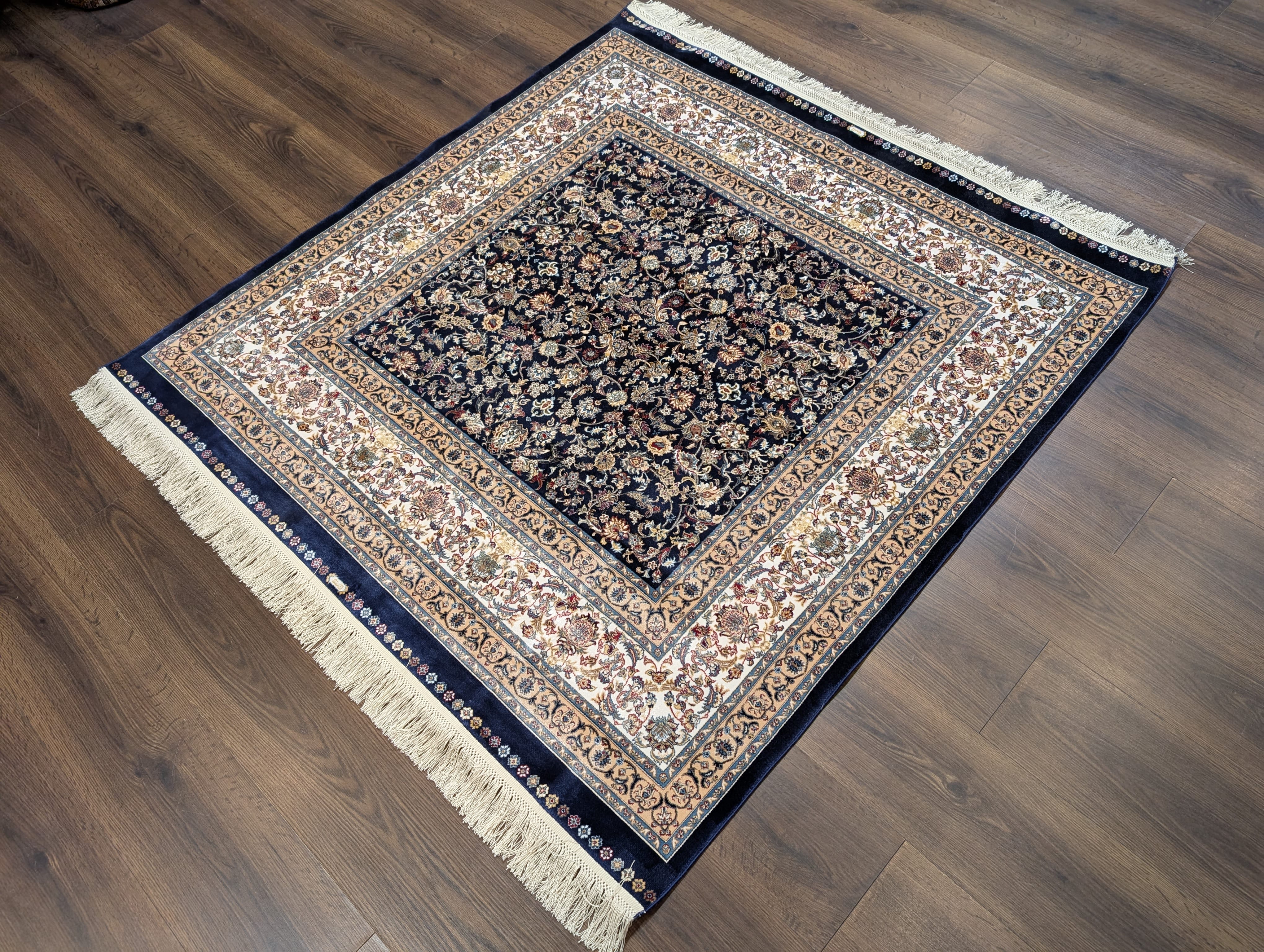 Square Turkish Silk Rug 5x5, Navy Blue and Ivory, Floral, Fine, Detailed, New, Bamboo Silk - Jewel Rugs