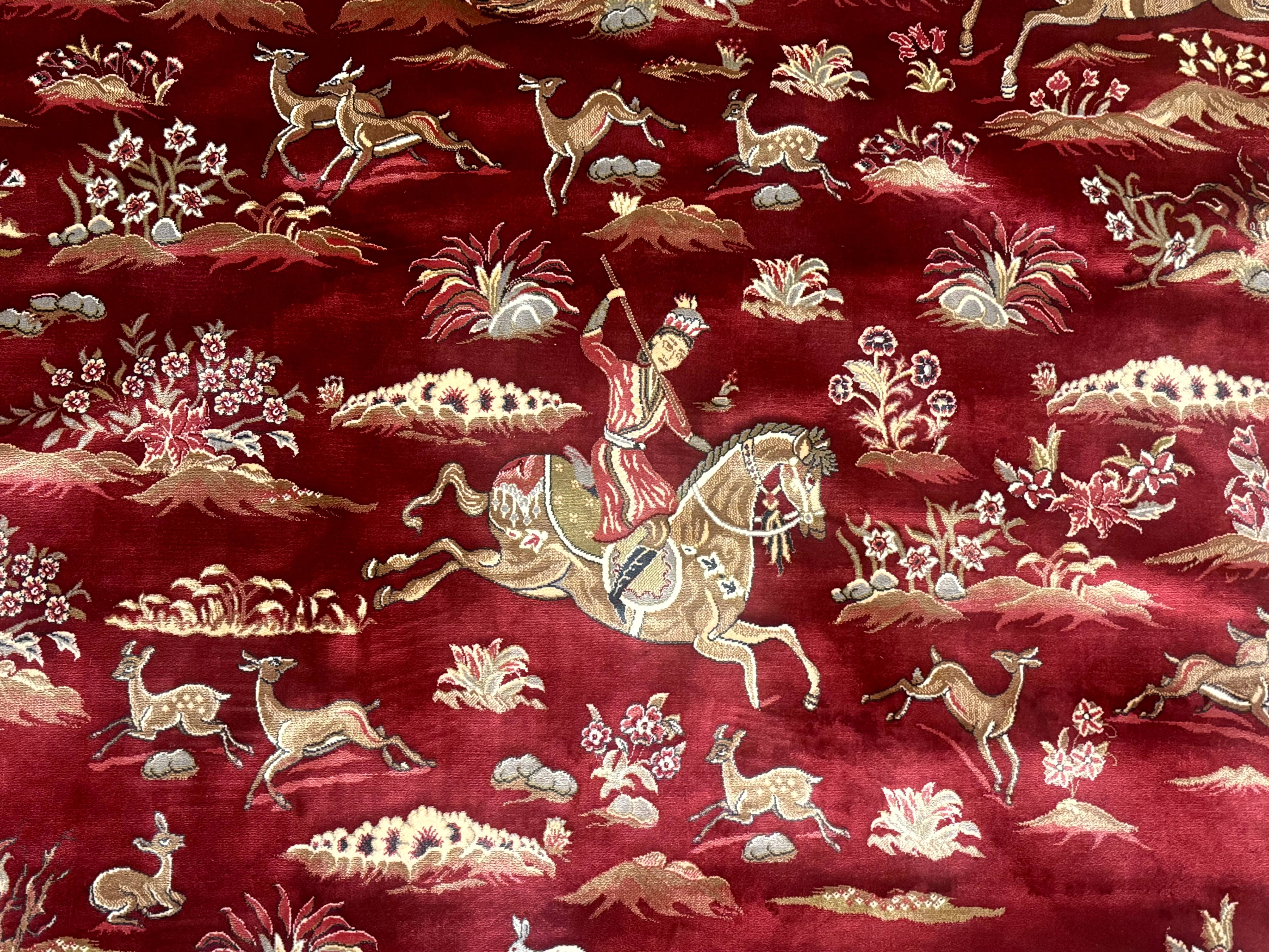 Large Round Turkish Silk Rug 8x8, Hunting Design, Dark Red & Ivory, Bamboo Silk - Jewel Rugs