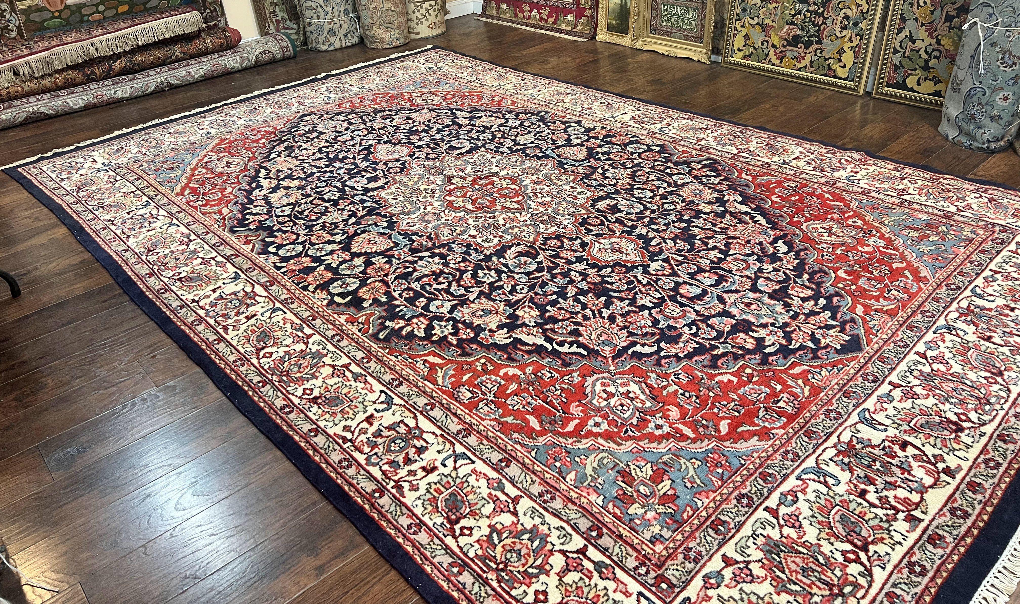 Indo Persian Rug 10x15, Floral Allover, Handmade Vintage Wool Carpet, Dark Blue Ivory Red, Palace Size Traditional Rug - Jewel Rugs