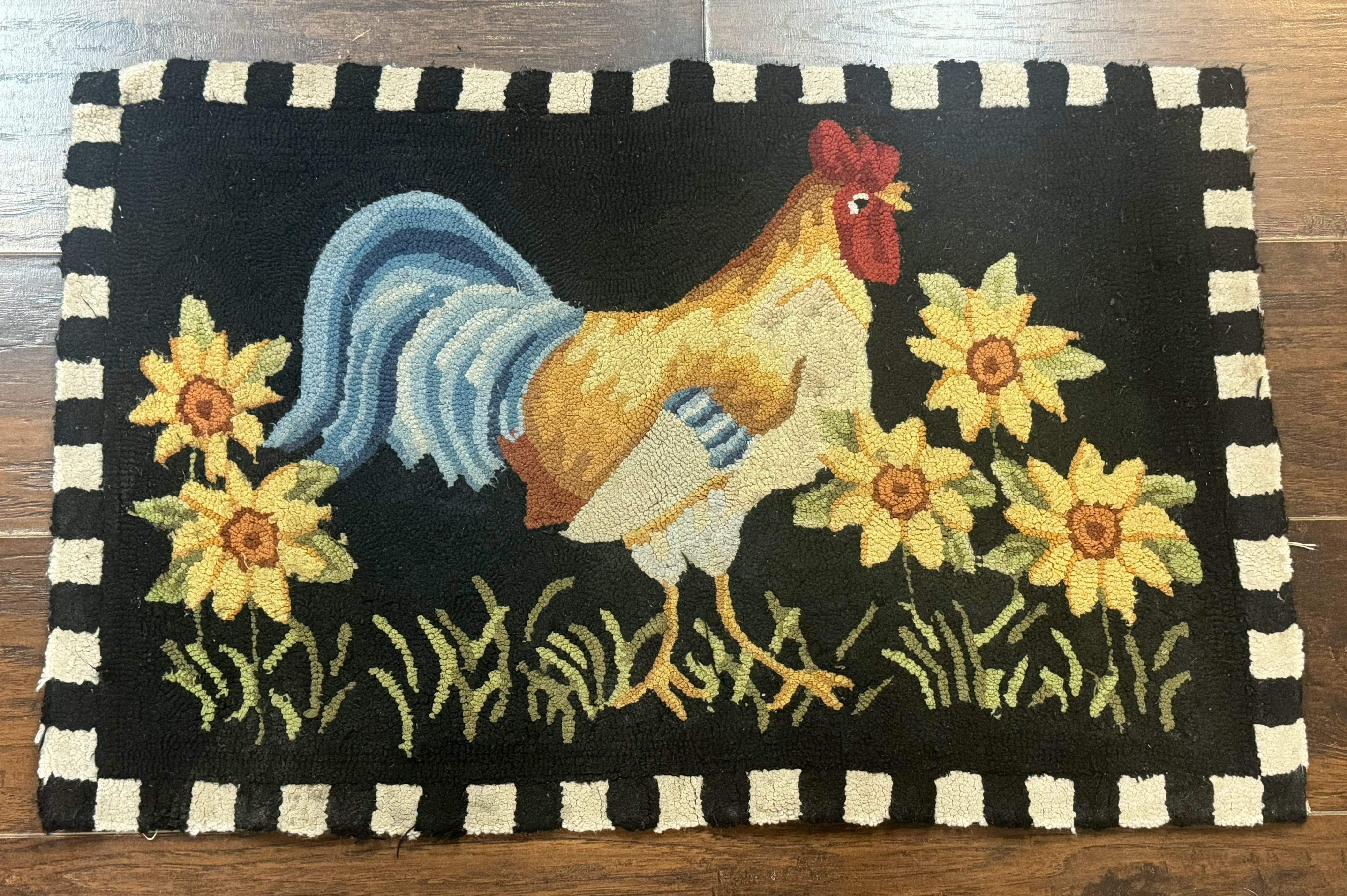 Vintage Hooked Rooster Rug 2x3, Black - Jewel Rugs