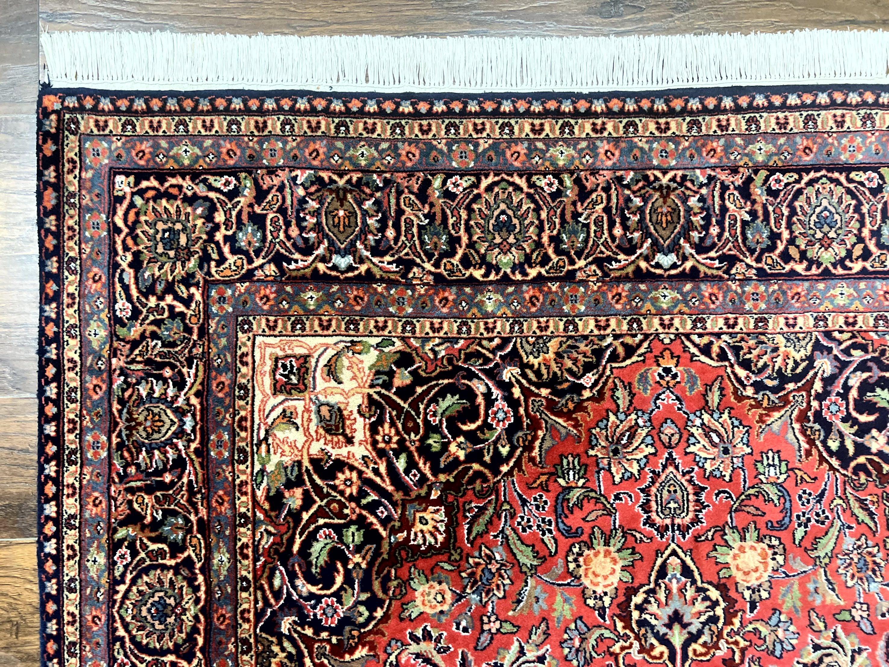 Persian Kashan Rug 6x9, Red and Dark Blue, Handmade Vintage Wool Carpet, Floral Medallion - Jewel Rugs
