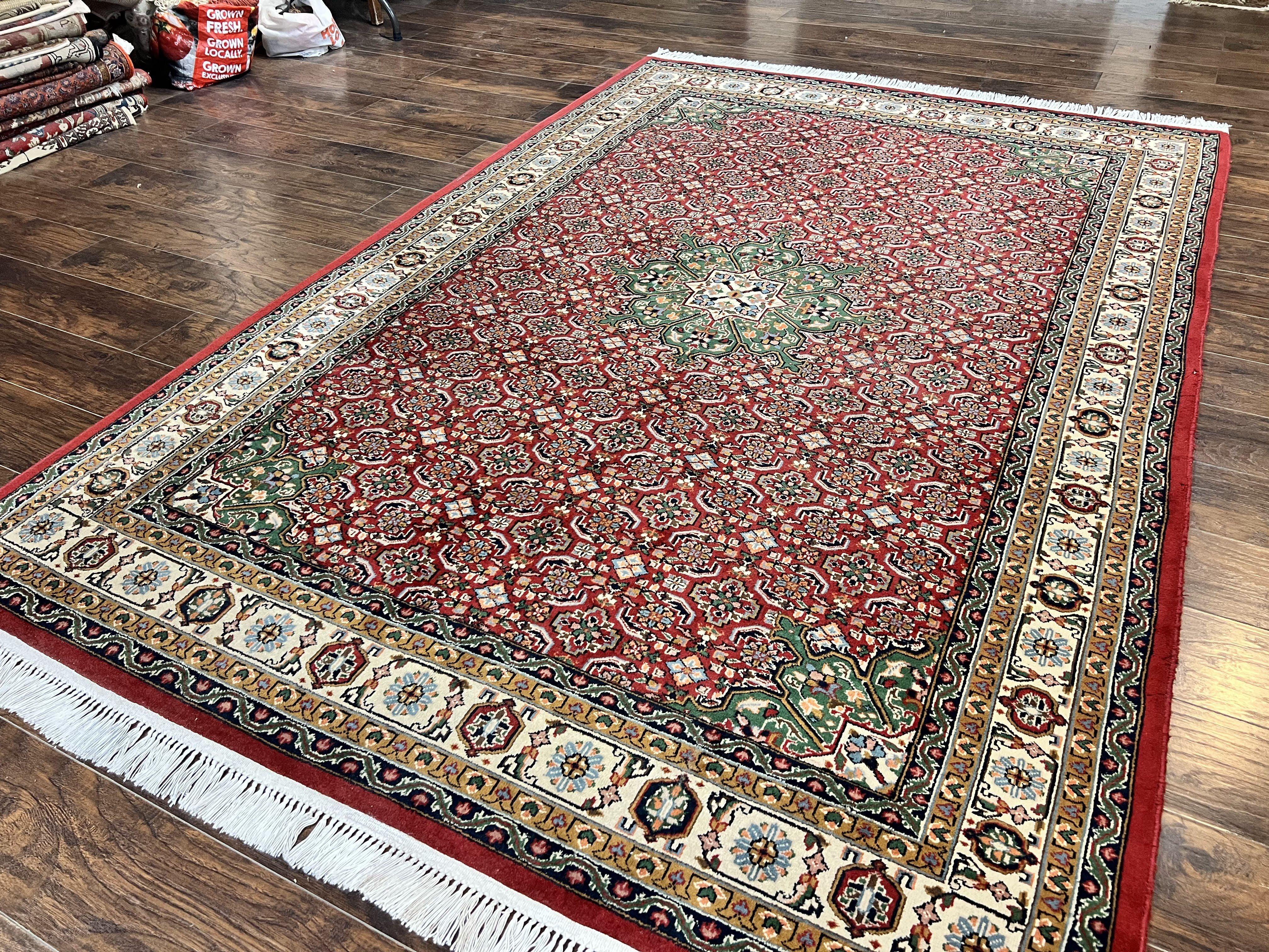 Persian Tabriz Rug 7x10, Wool Hand Knotted Vintage Carpet, Red Green & Cream, Herati Pattern, 7 x 10 Room Sized Oriental Rug - Jewel Rugs