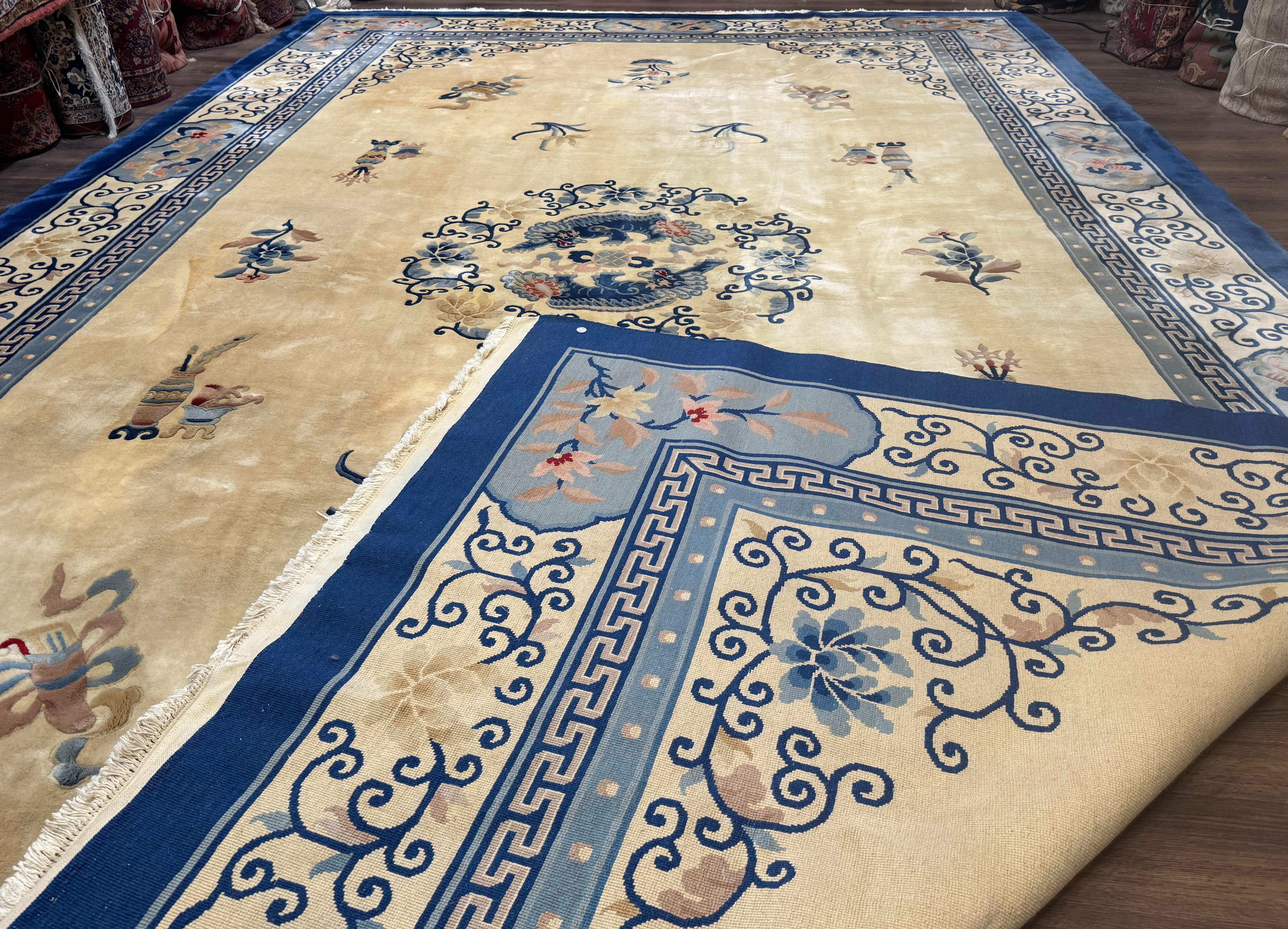 Palace Size Chinese Wool Rug 12x19 – Ivory and Blue, Dragons, Vintage Carpet - Jewel Rugs