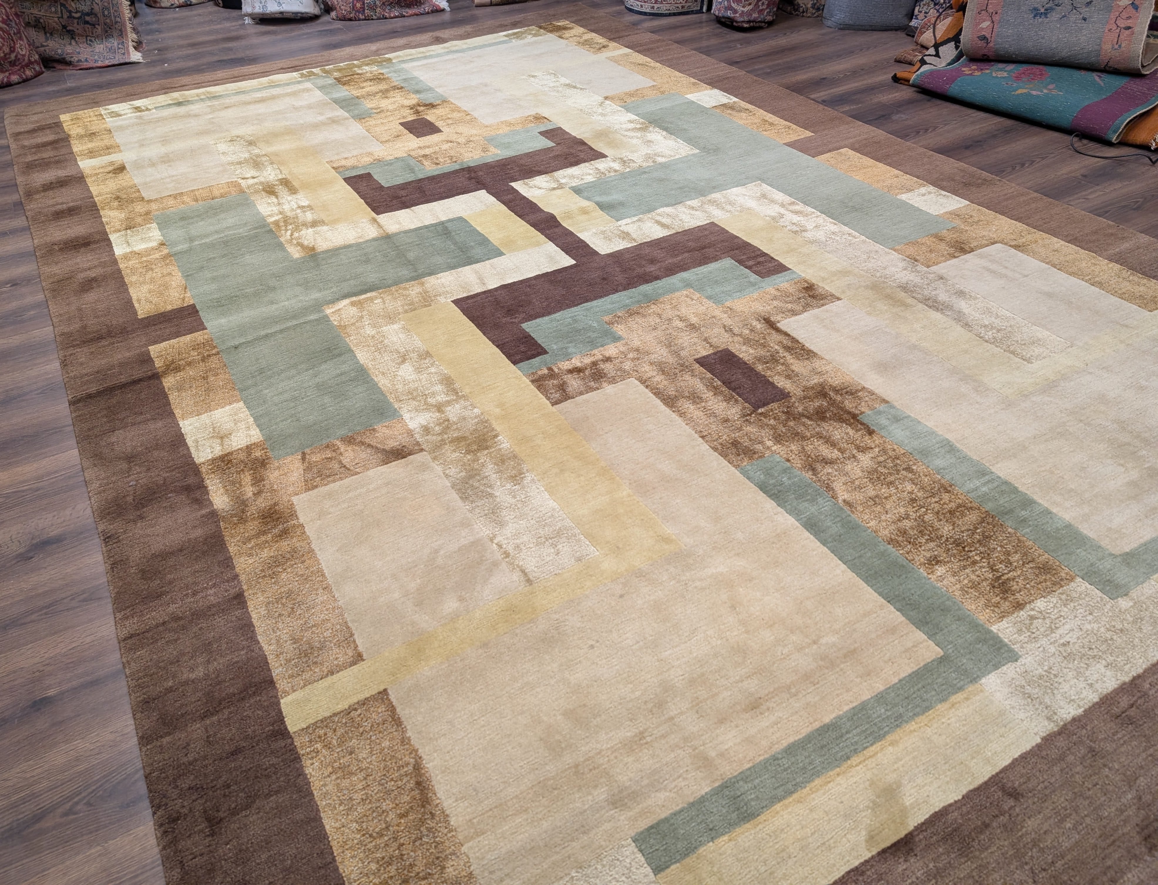 Modern Tibetan Rug 10x14, Wool, Thick Pile, Abstract Geometric, Handmade - Jewel Rugs