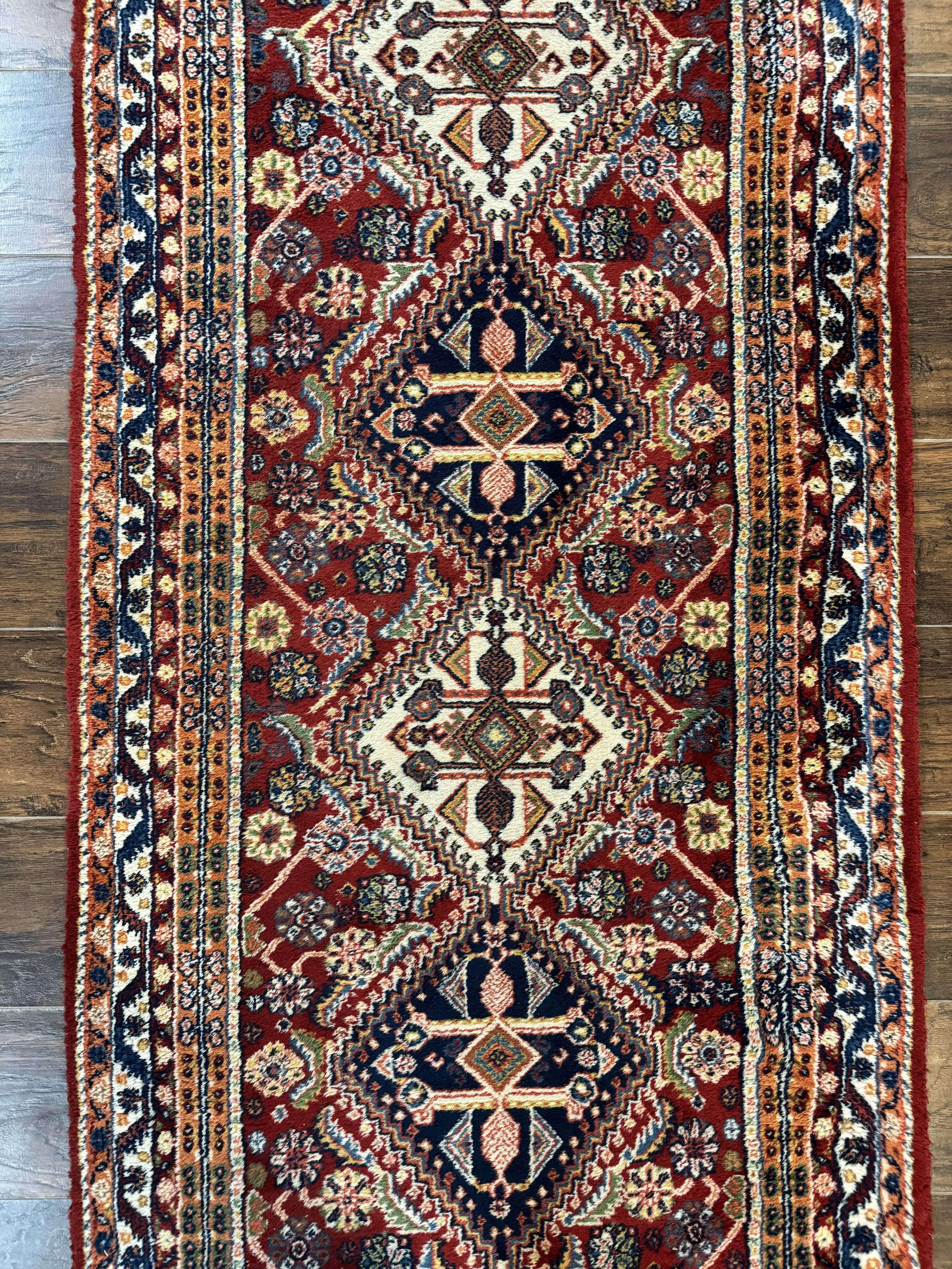 Antique Persian Qashqai Runner Rug 3 x 13 ft, Tribal Runner, Geometric Medallions, Red Ivory Blue, Wool - Jewel Rugs