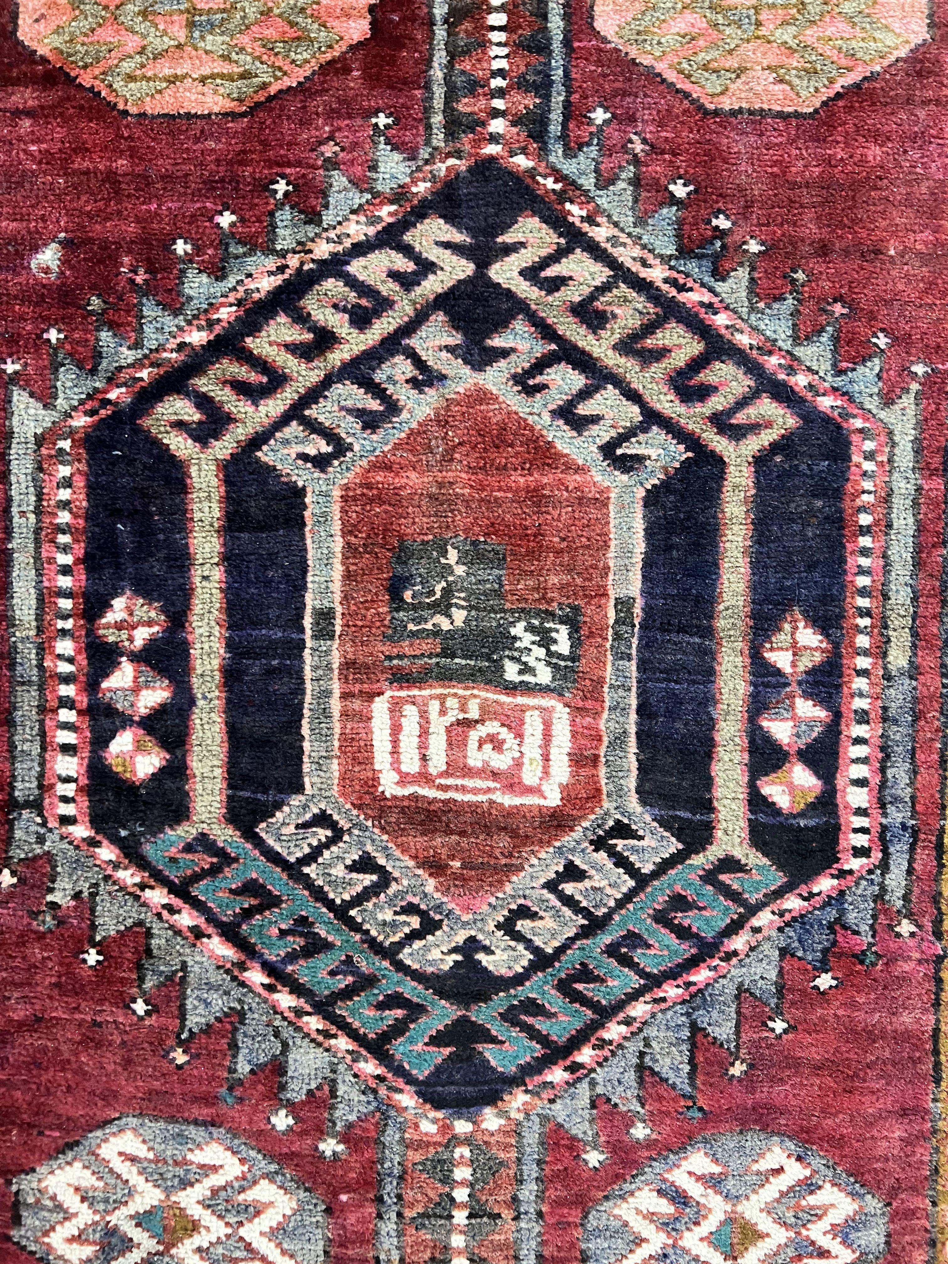 Persian Heriz Runner Rug 3.8 x 8.6, Geometric Design, Large Triple Medallions, Hand Knotted Handmade Vintage Wool Hallway Rug, Red - Jewel Rugs