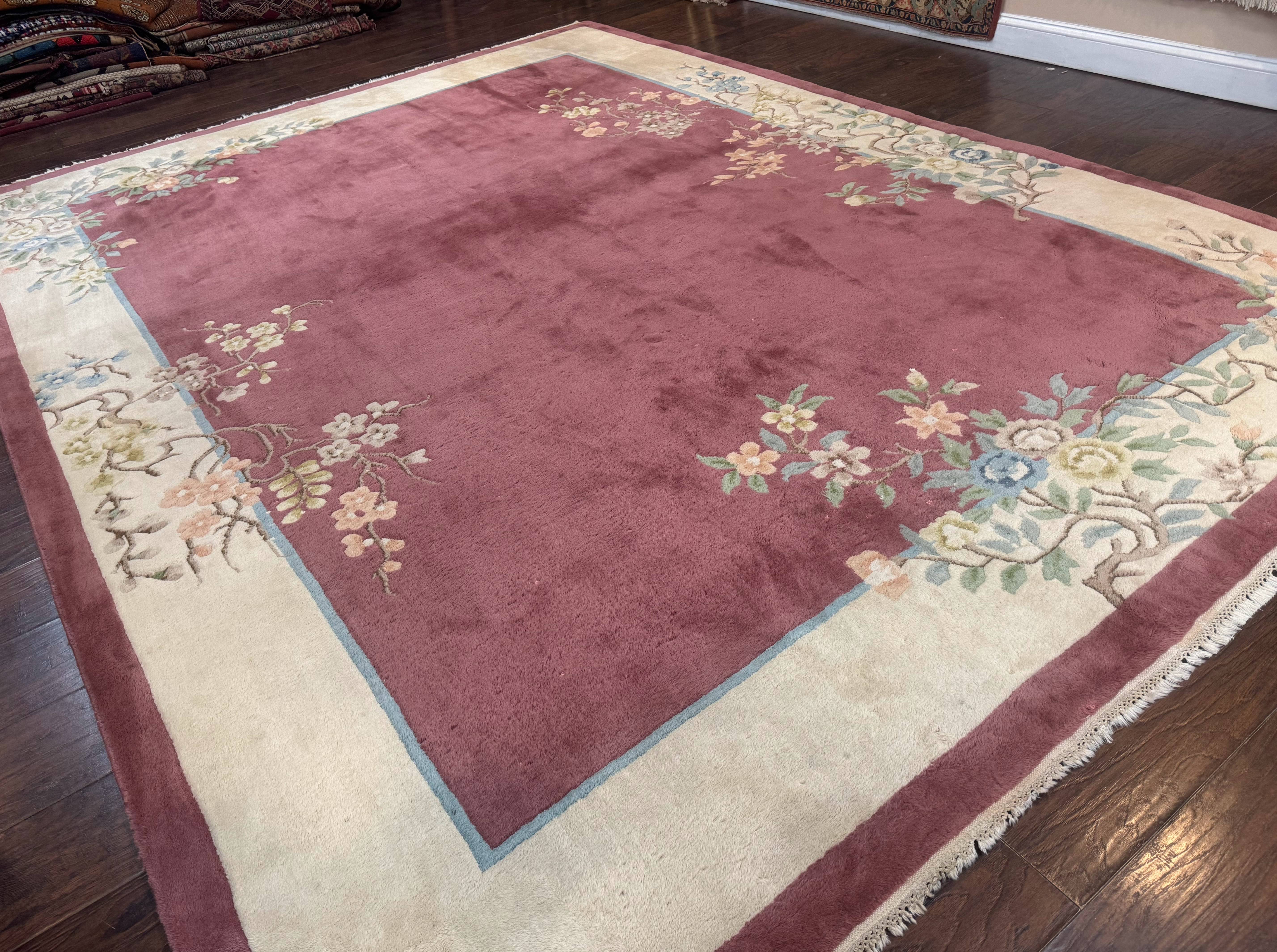 Indo Chinese Art Deco Rug 9x12, Pink and Ivory, Open Filed, Floral, Wool - Jewel Rugs