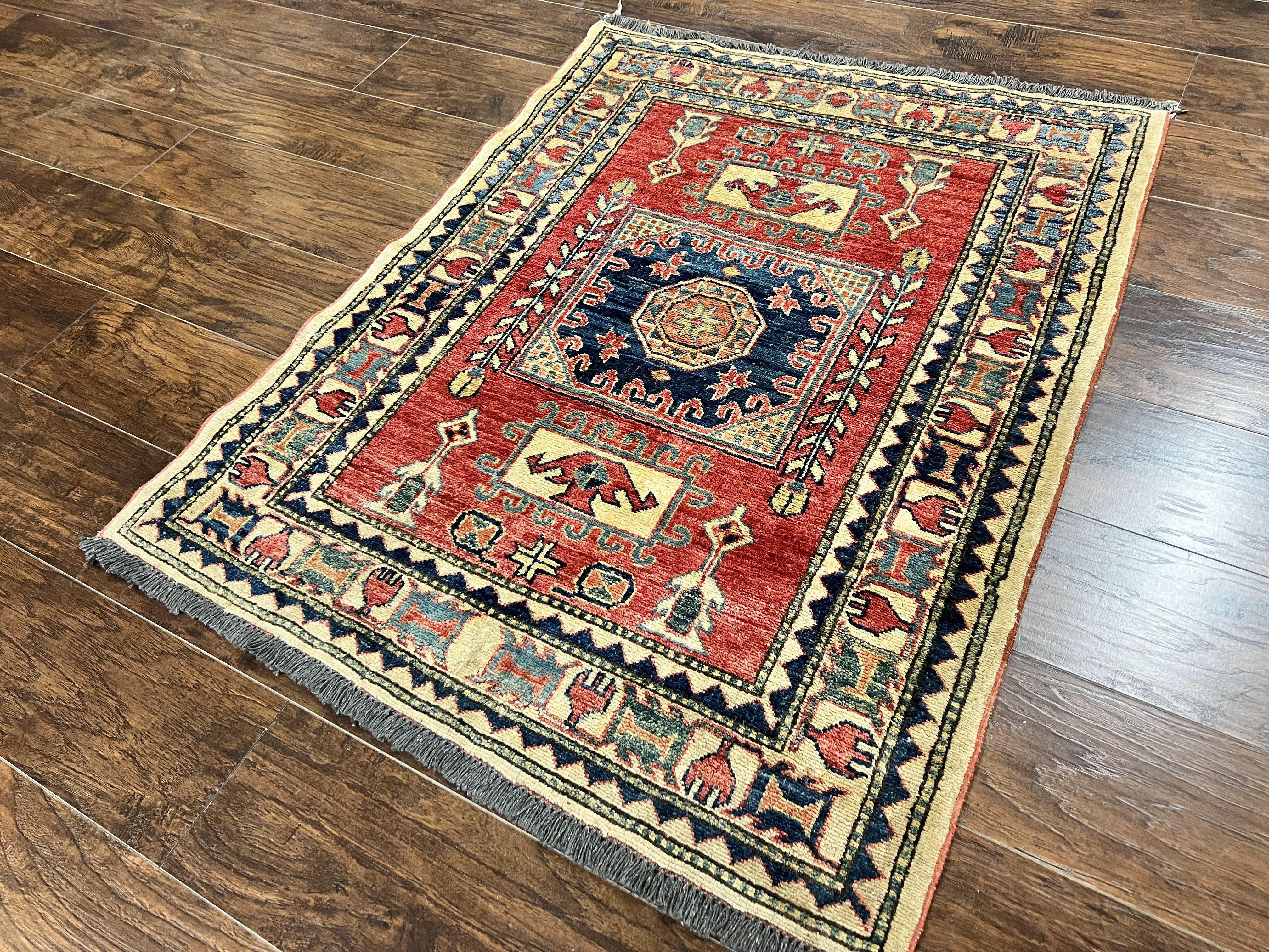 Turkish Kazak Rug 3x4, Wool Hand Knotted Small Vintage Carpet, Red Navy Blue, 3 x 4 Oriental Rug, Geometric Design - Jewel Rugs