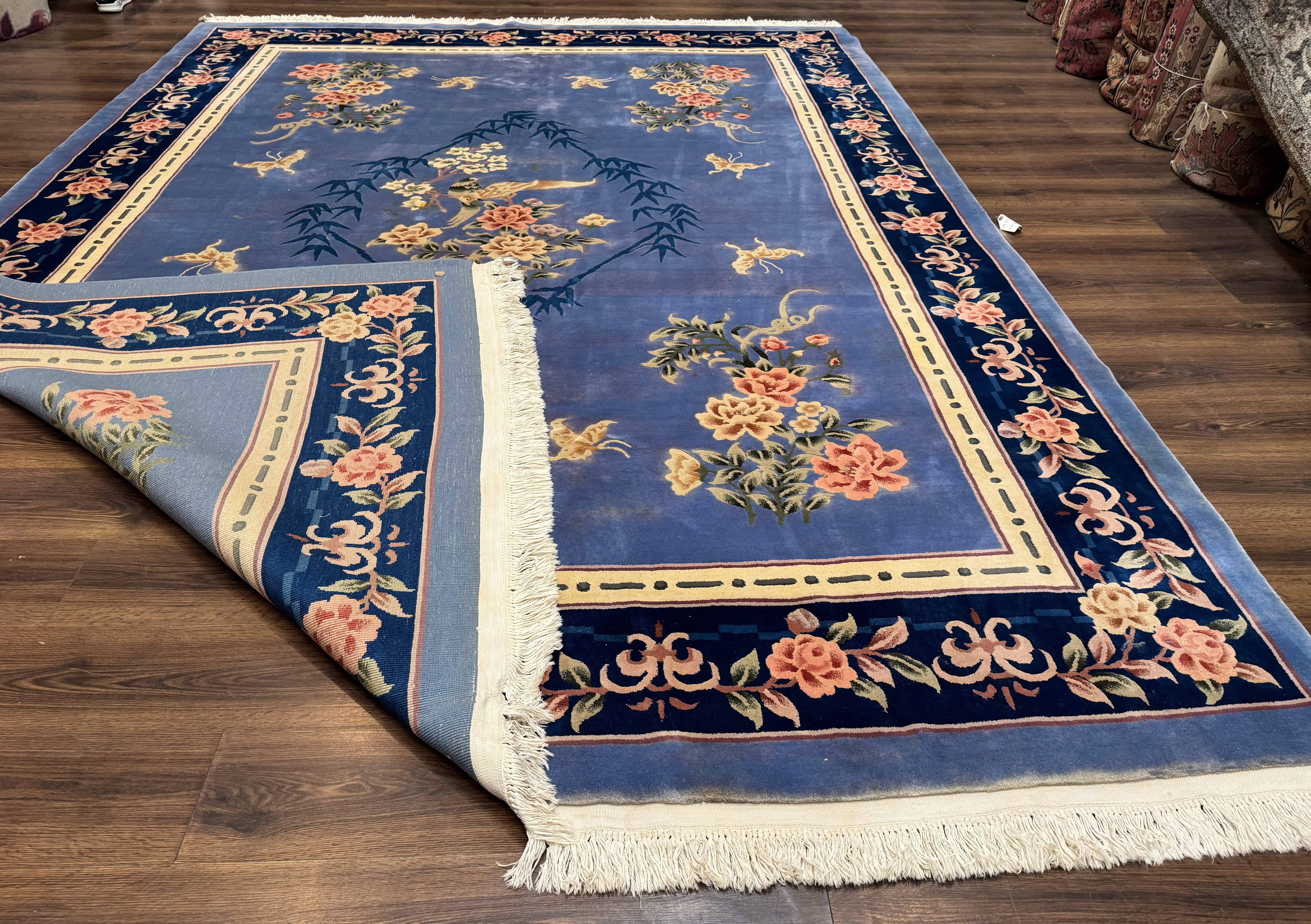 Blue Chinese Wool Rug 9x12, Art Deco Peking Asian Oriental Carpet, Floral Butterflies, 90 Line Rug - Jewel Rugs