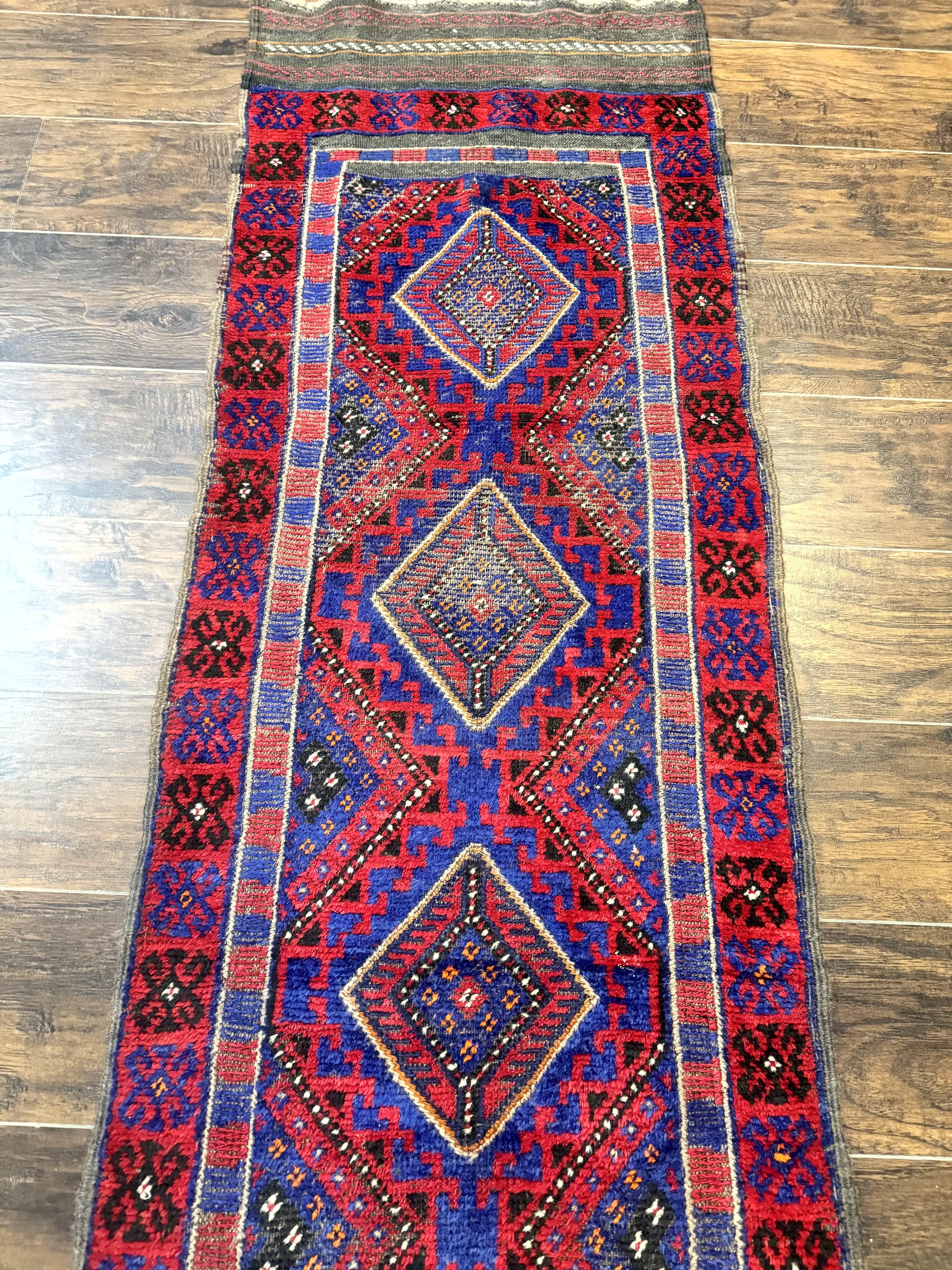 Turkoman Runner Rug 2 x 8.6, Skinny Runner, Handmade Wool Carpet for Hallway, Red and Blue, Wool, Vintage 8ft Runner - Jewel Rugs