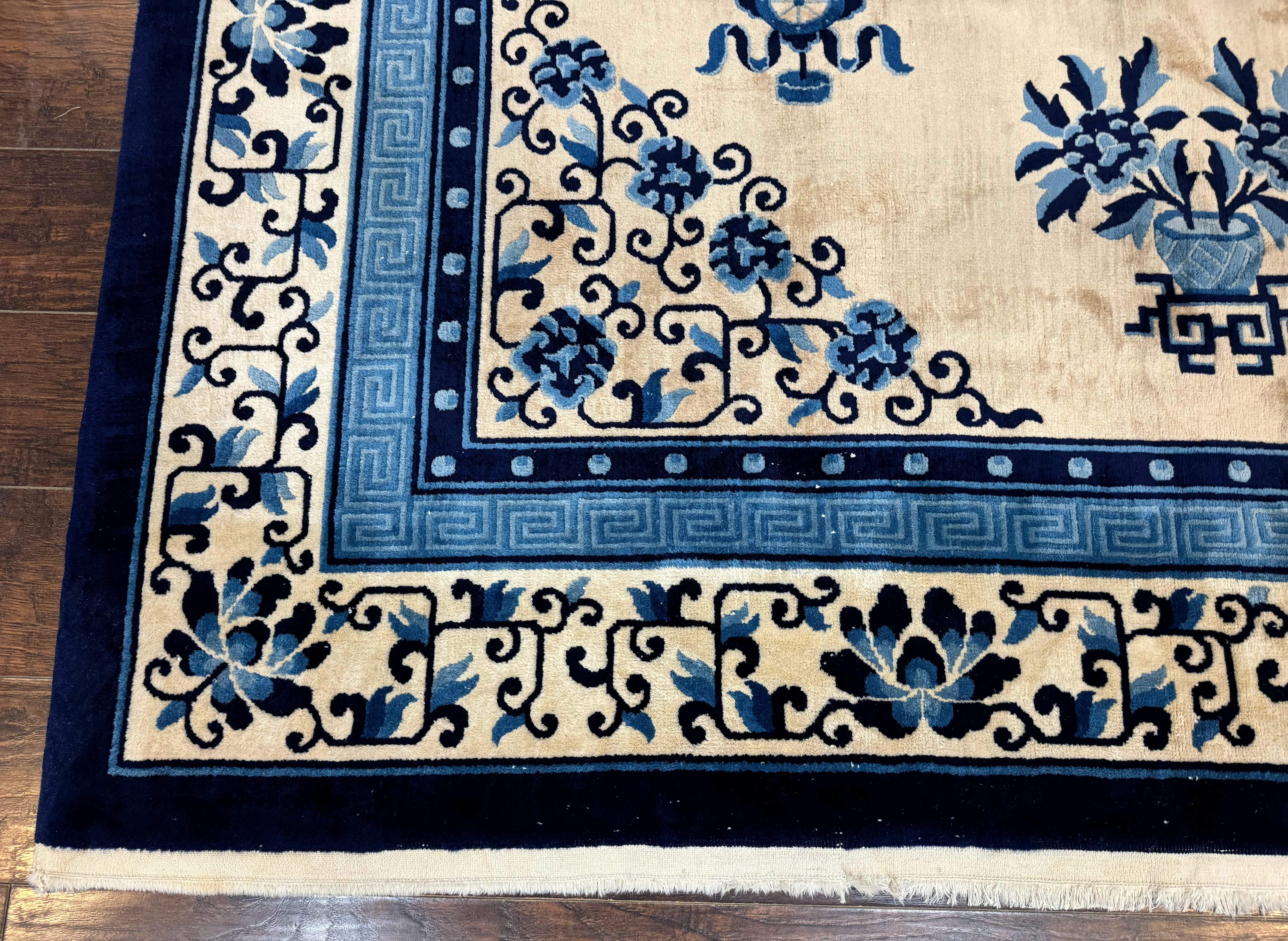 Chinese Peking Rug 8x11 – Ivory and Blue, Hand-Knotted Wool, Asian Oriental Carpet - Jewel Rugs