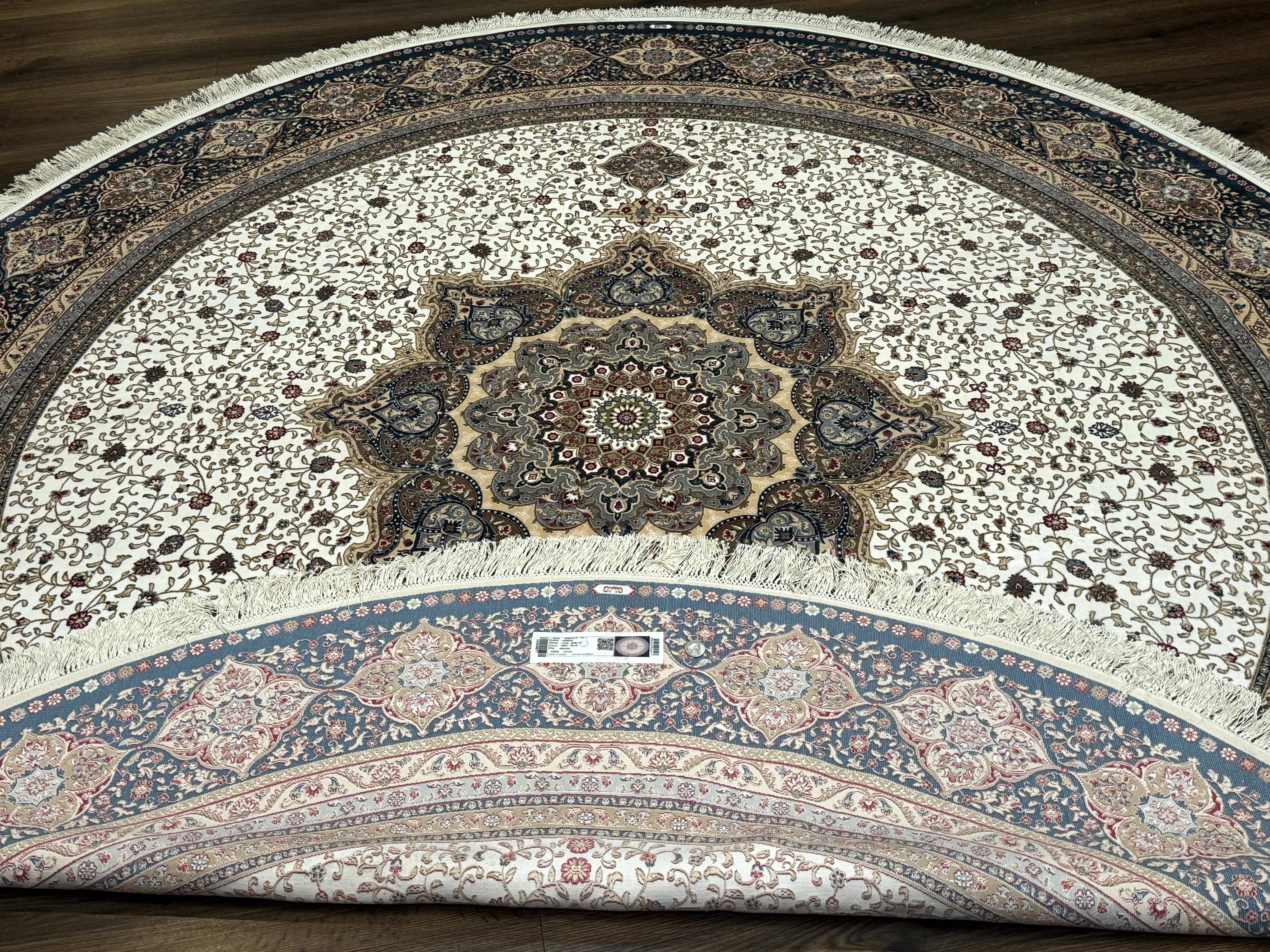 Large Turkish Round Silk Rug 8x8 ft, Floral Medallion, Ivory & Navy Blue, Bamboo Silk, New - Jewel Rugs