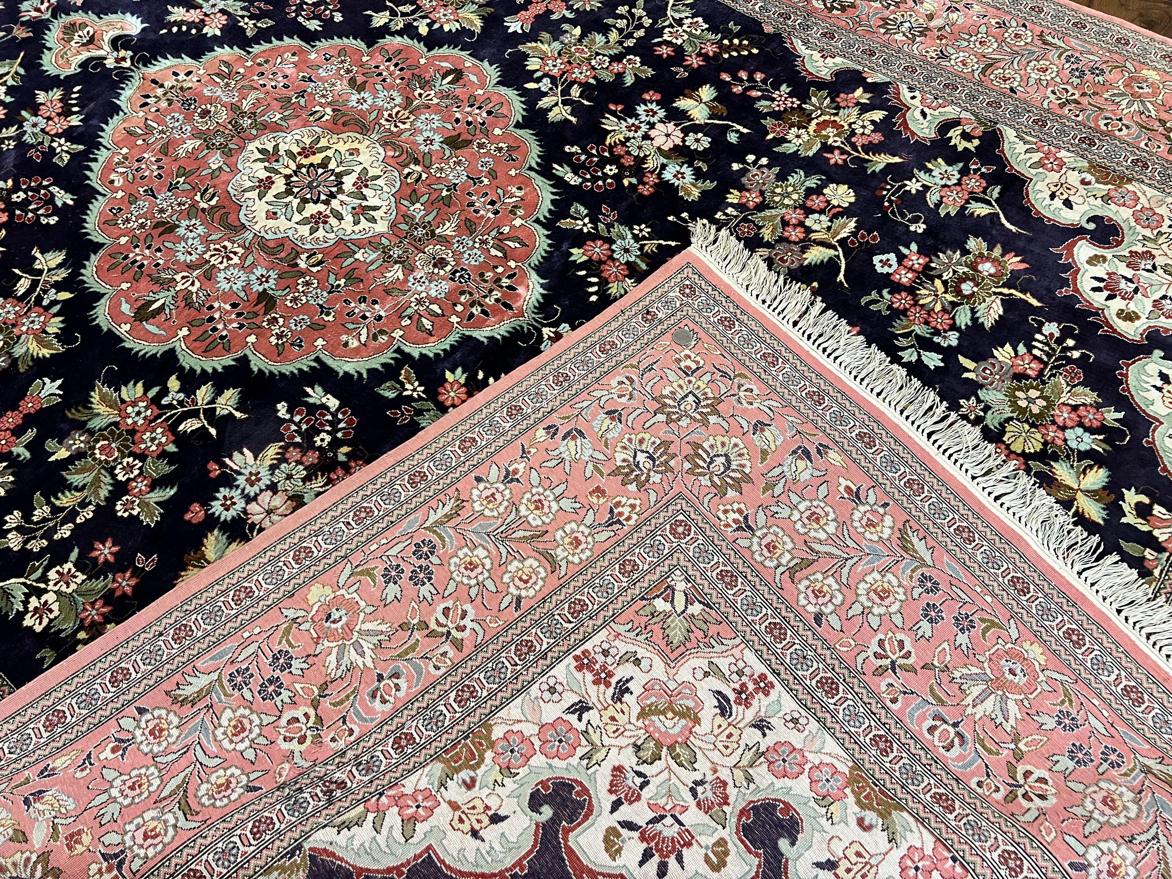 Stunning Silk Persian Qum Rug 7x9, Finely Hand Knotted Navy Blue & Salmon Floral Medallion Authentic Oriental Carpet, Vintage Handmade Silk Ghom Rug, Silk on Silk - Jewel Rugs