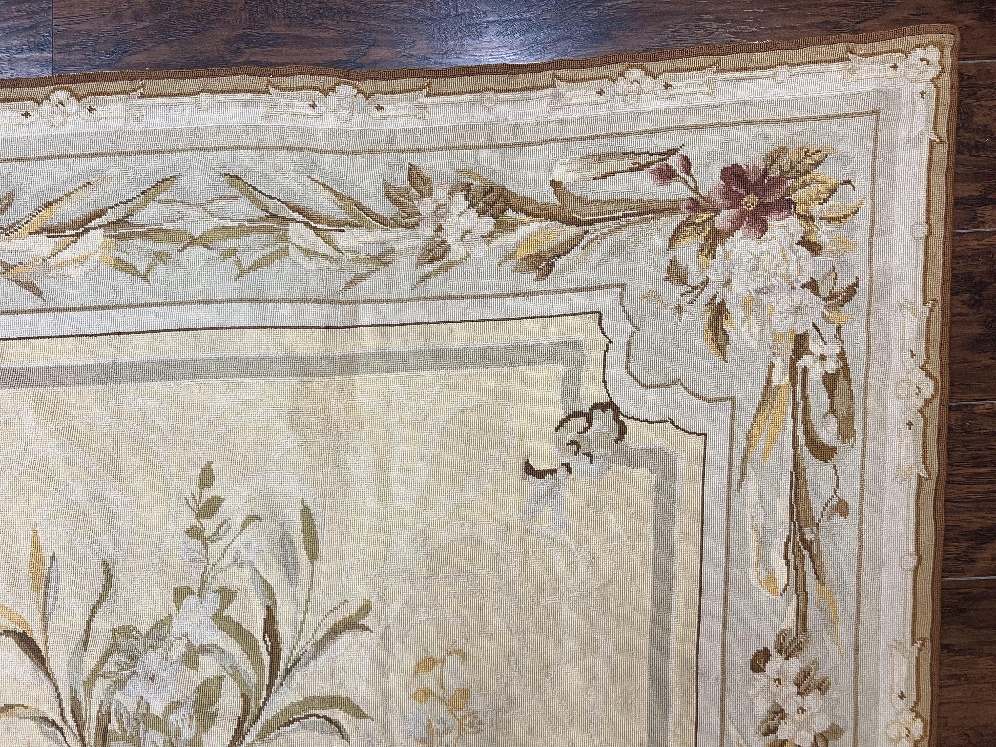 Needlepoint Rug 6x9, Elegant European Design Aubusson Carpet, Vintage Wool Handmade Rug, Light Yellow Ivory - Jewel Rugs