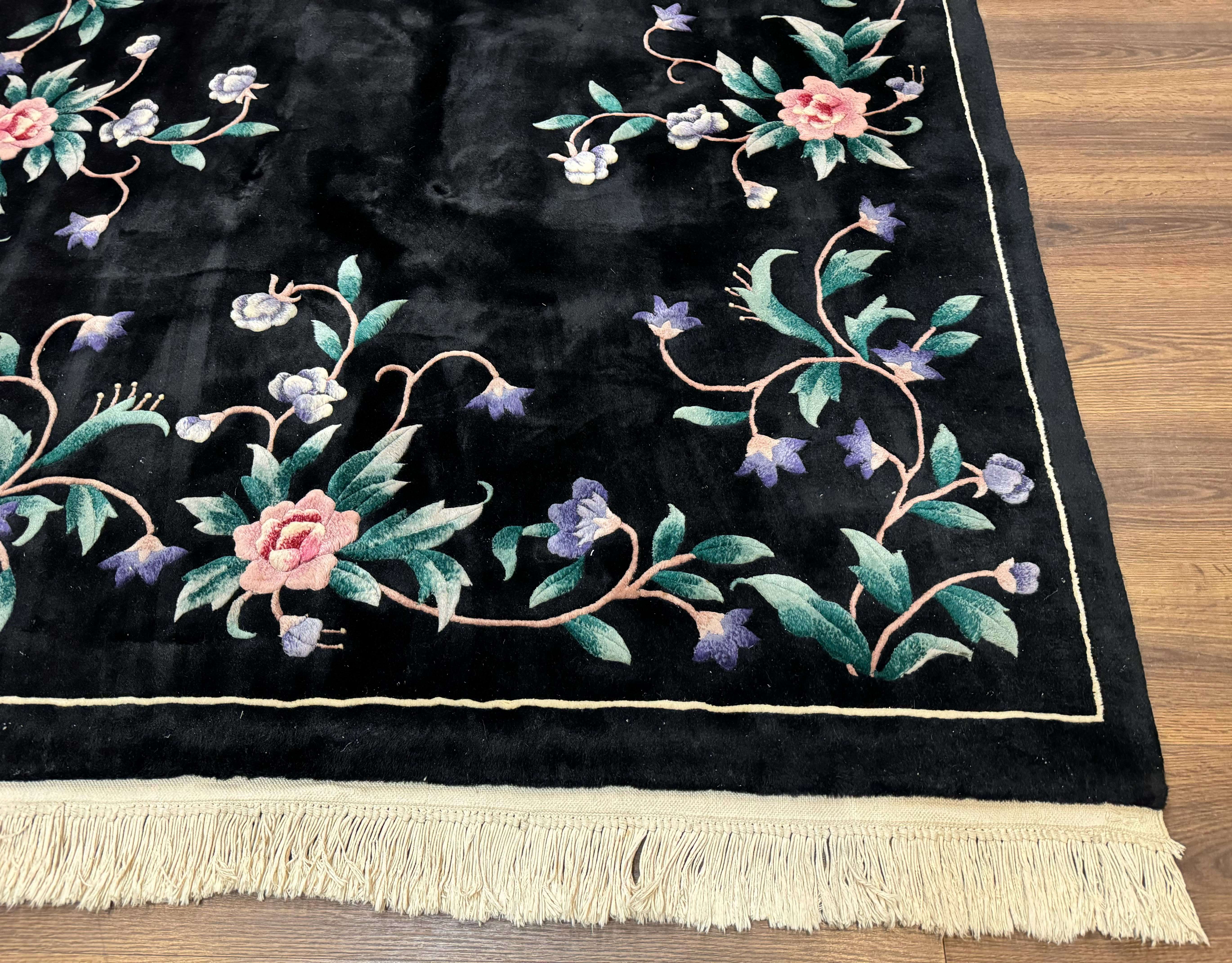 Chinese Wool Rug 6x9, Black, Floral, Minimal Design, 90 Line Carpet, Vintage Art Deco Rug - Jewel Rugs