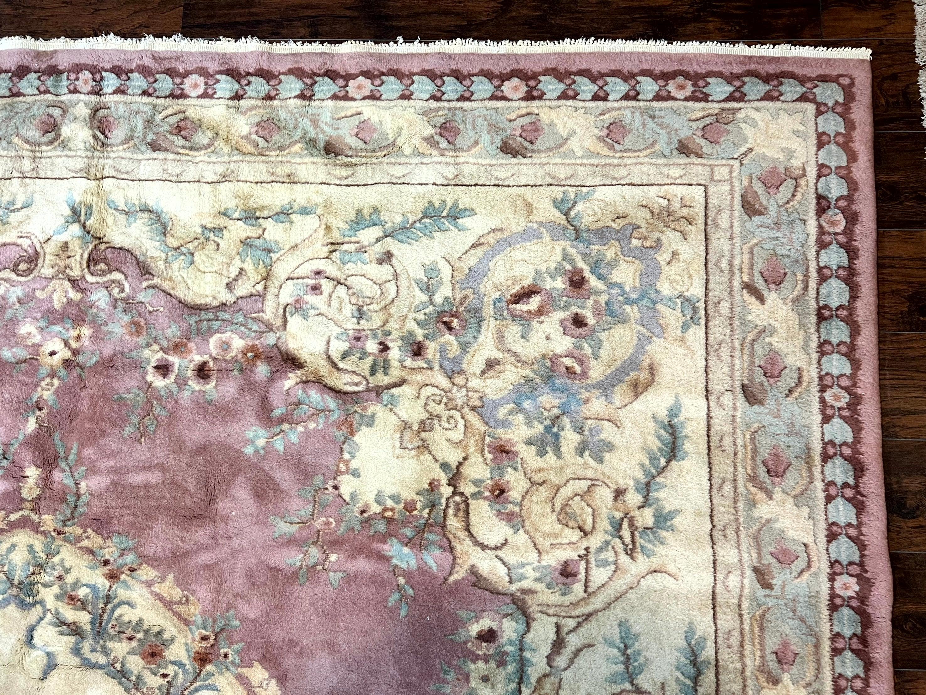 Indo Chinese Aubusson Wool Rug 10x14, Pink and Cream, Handmade Vintage Wool Carpet, Elegant European Design - Jewel Rugs