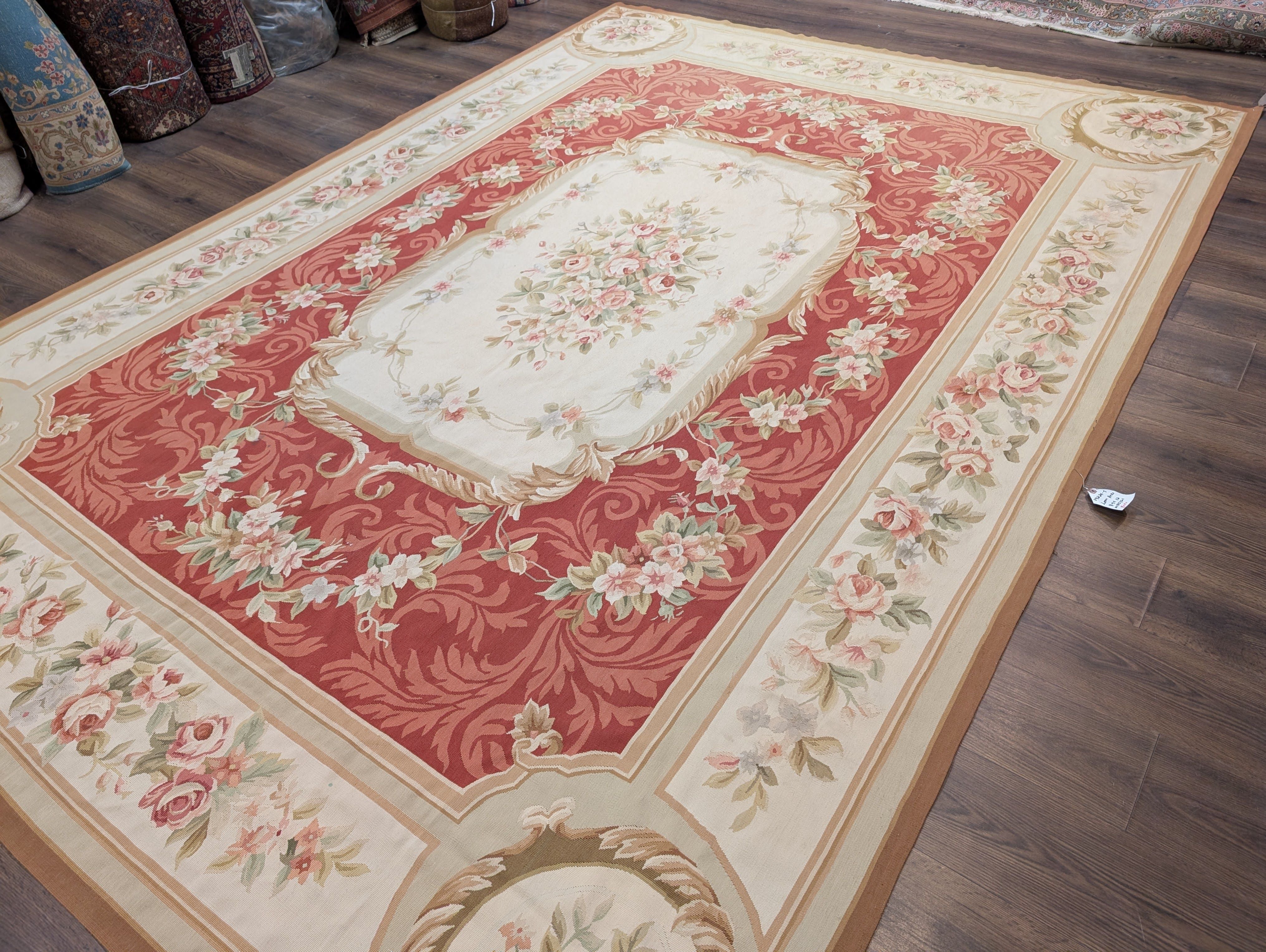 Aubusson Rug 9x12, Red and Ivory, Handwoven French European Floral Carpet - Jewel Rugs