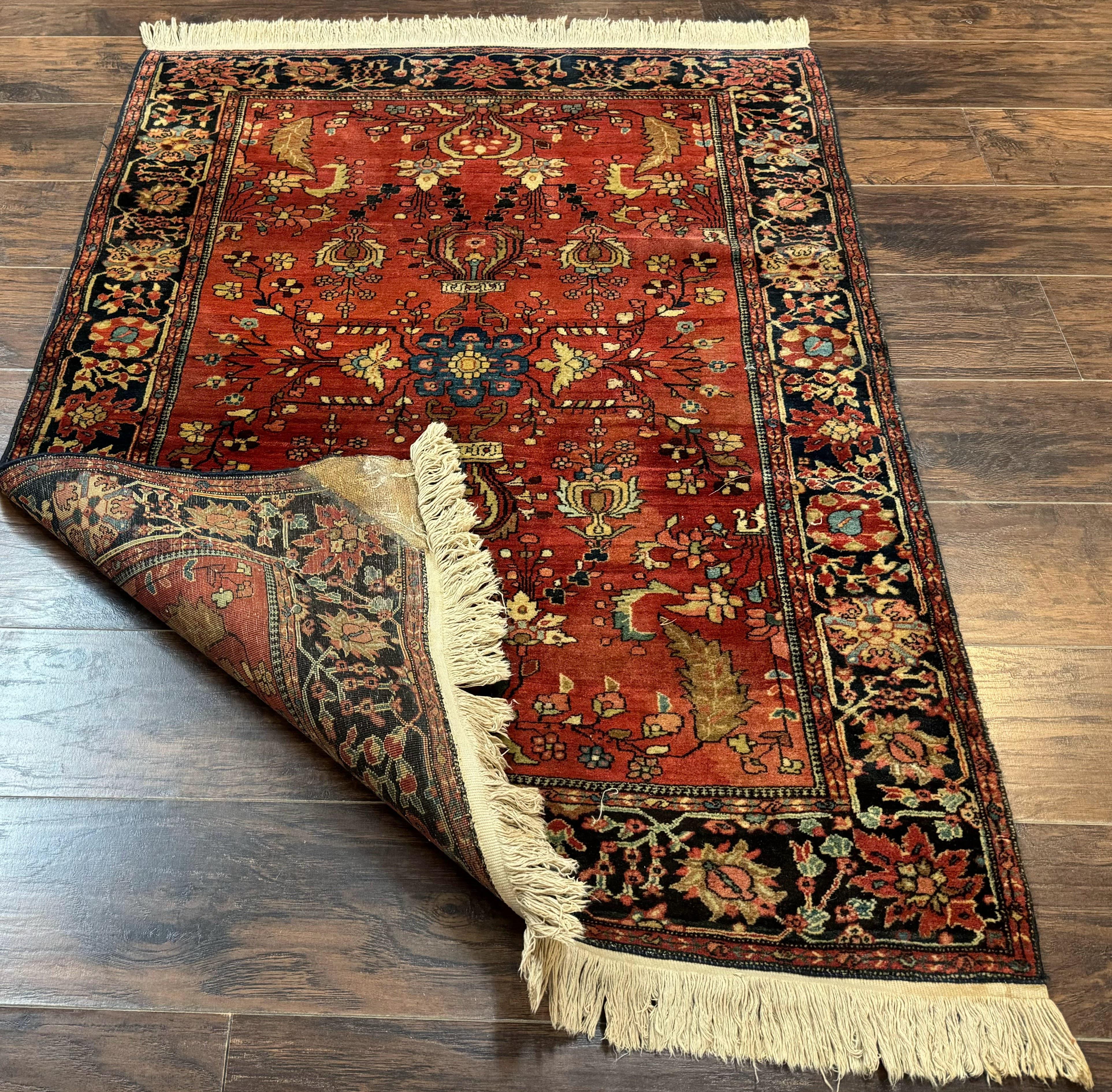 Antique Persian Farahan Sarouk Rug 3.6 x 5, Red, Floral, Traditional Rug, Fine 210 KPSI - Jewel Rugs