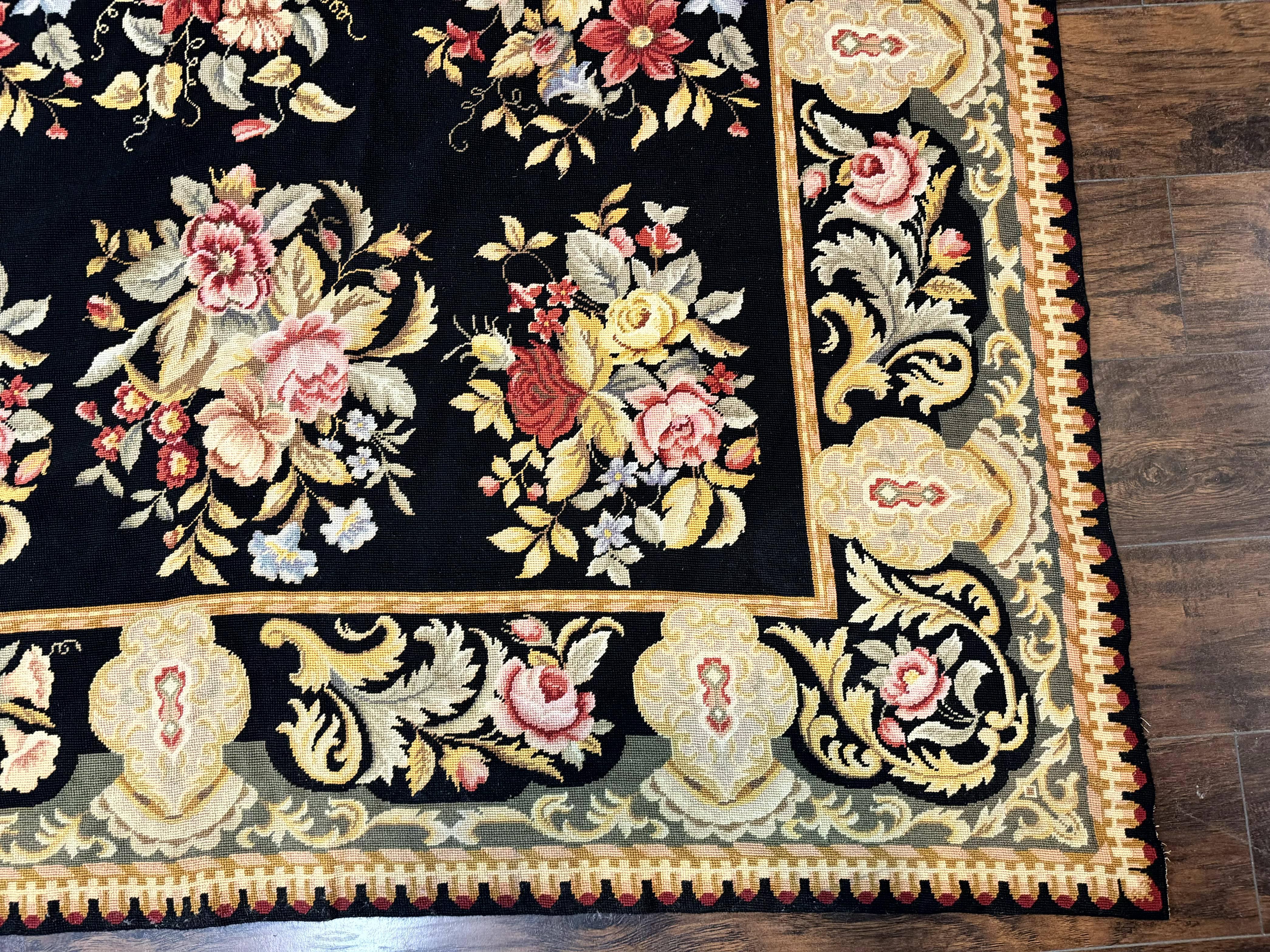 Palace Size Needlepoint Rug 12x16, Black and Colorful, Floral Panel, Handmade Oversized Wool Needlepoint Carpet, Rare - Jewel Rugs