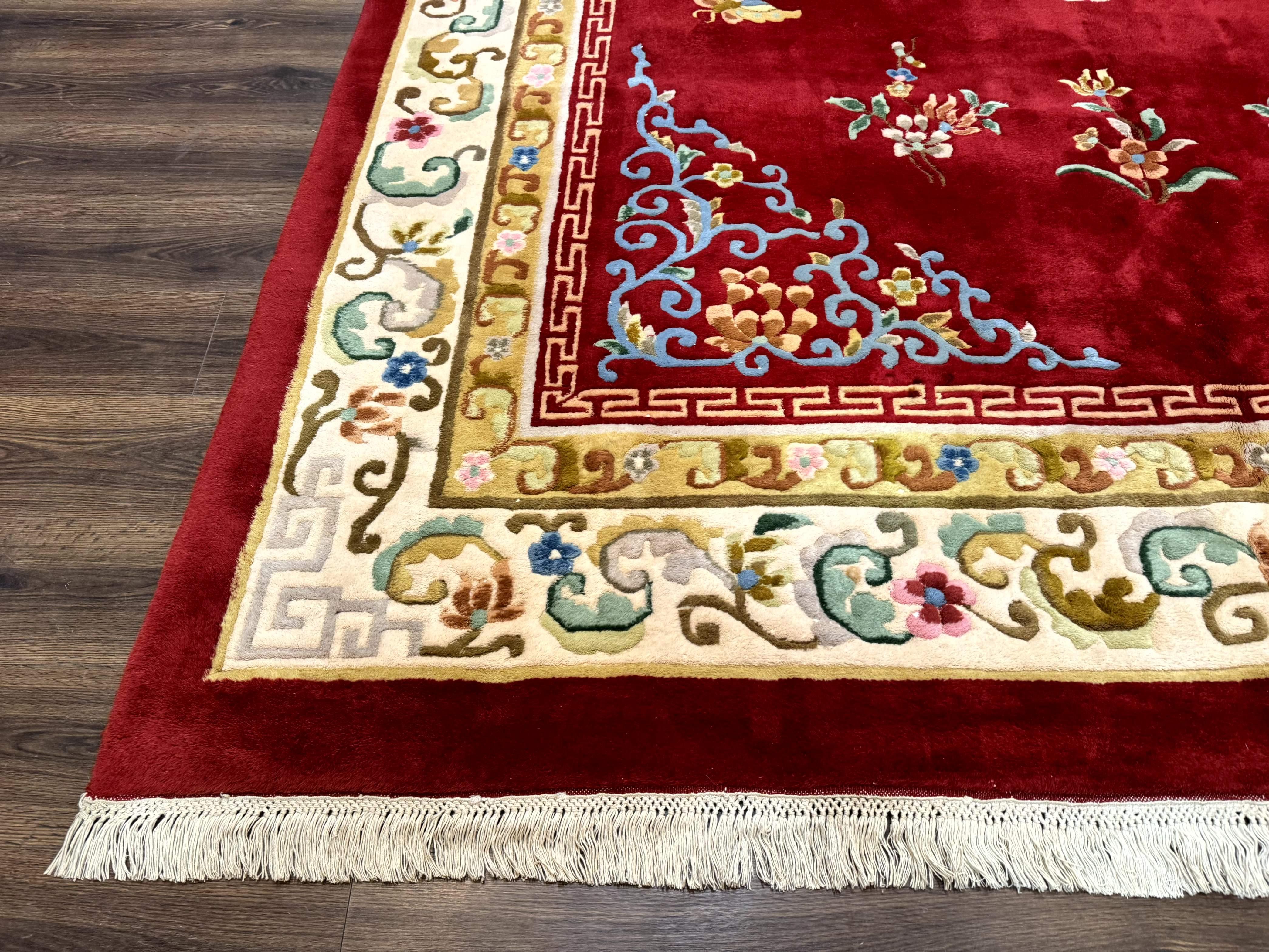 Indo Chinese Wool Rug 9x12, Red Art Deco Carpet, Vintage - Jewel Rugs