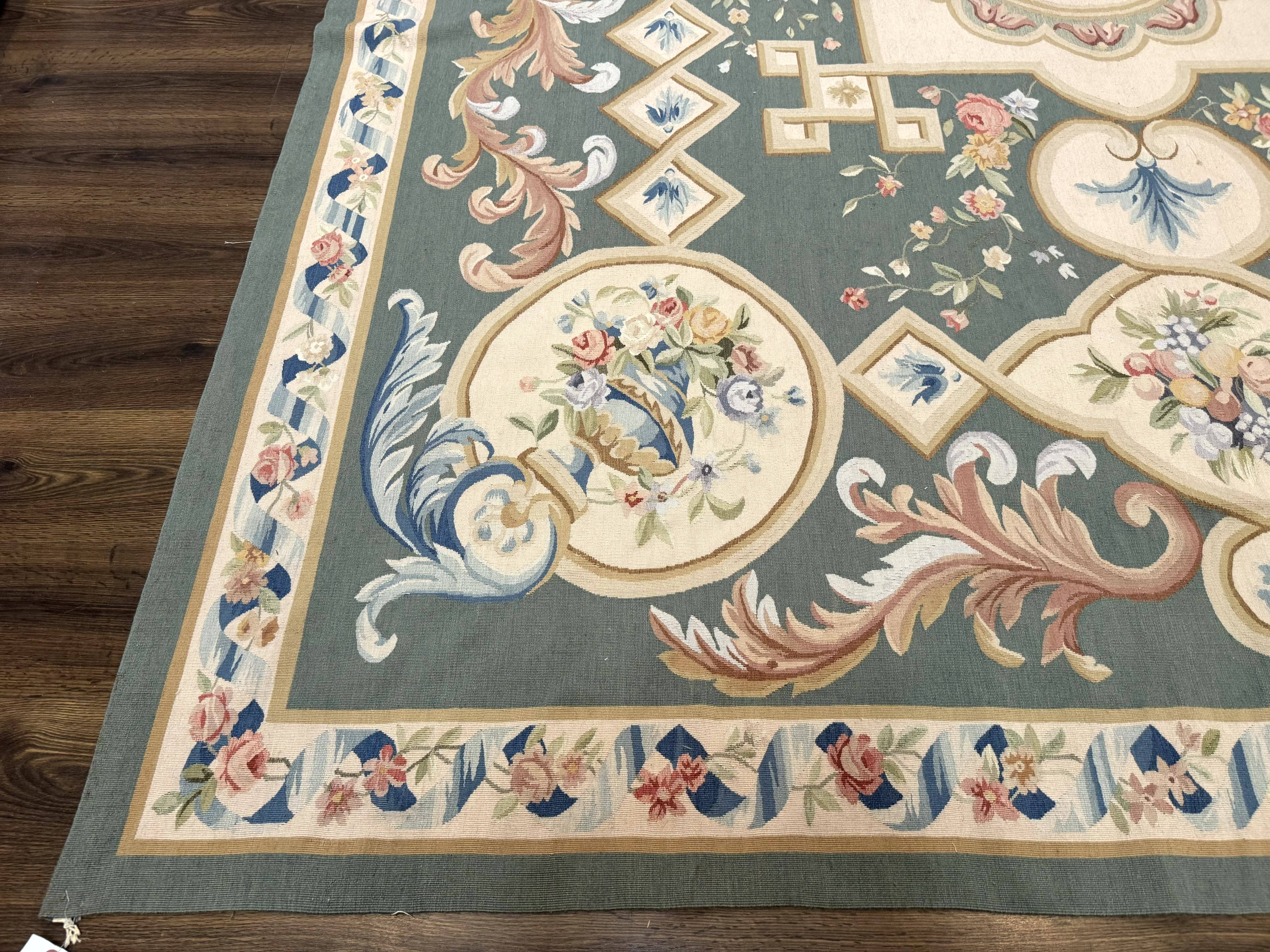 Aubusson Rug 9x12, Muted Sage Green and Cream, European Design - Jewel Rugs