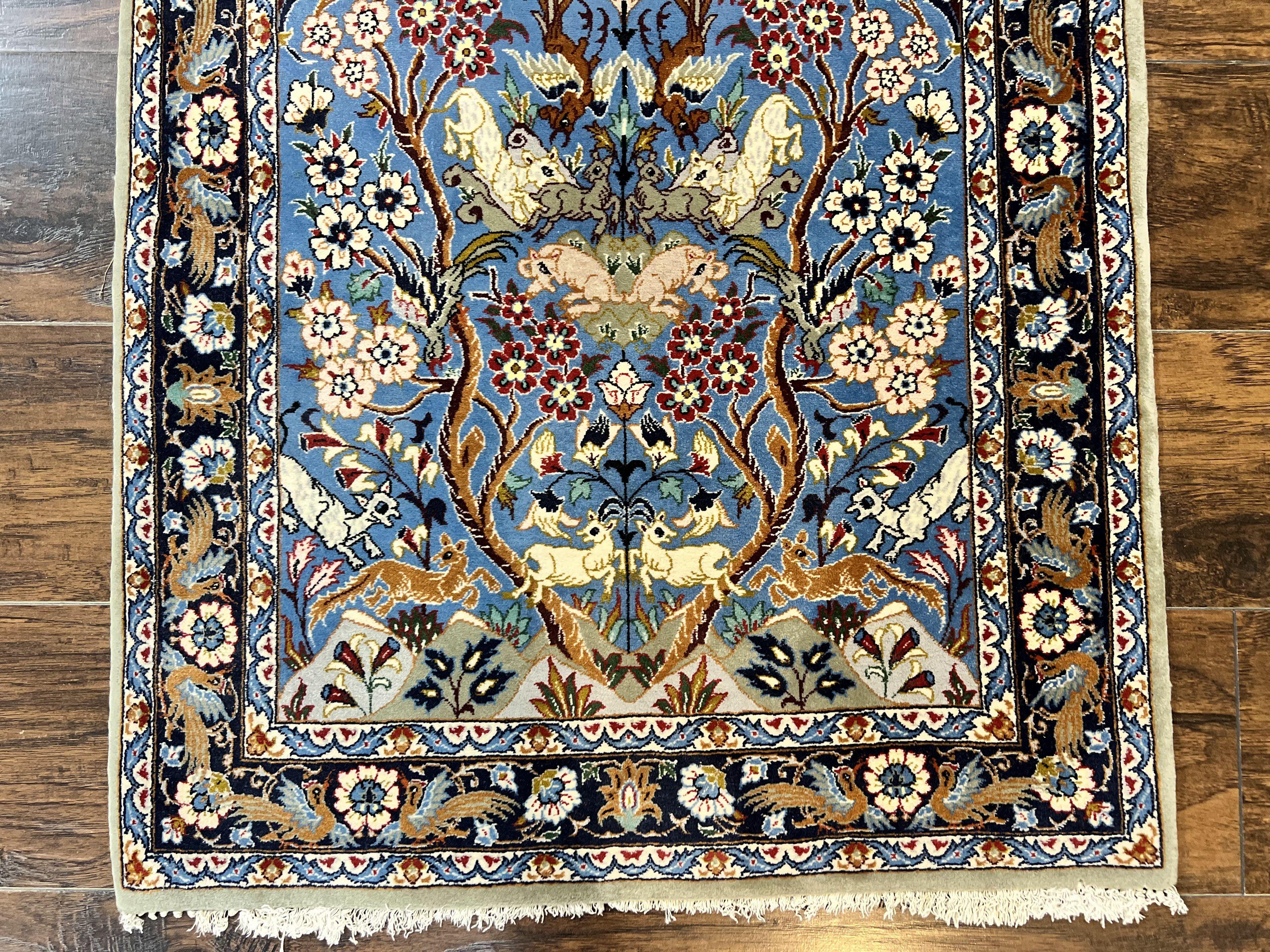 Persian Isfahan Tree of Life Rug 2.5 x 3.8, Animal & Bird Pictorials, Super Fine 500 KSPI, Blue, Handmade, Kork Wool Silk Highlights, Vintage - Jewel Rugs