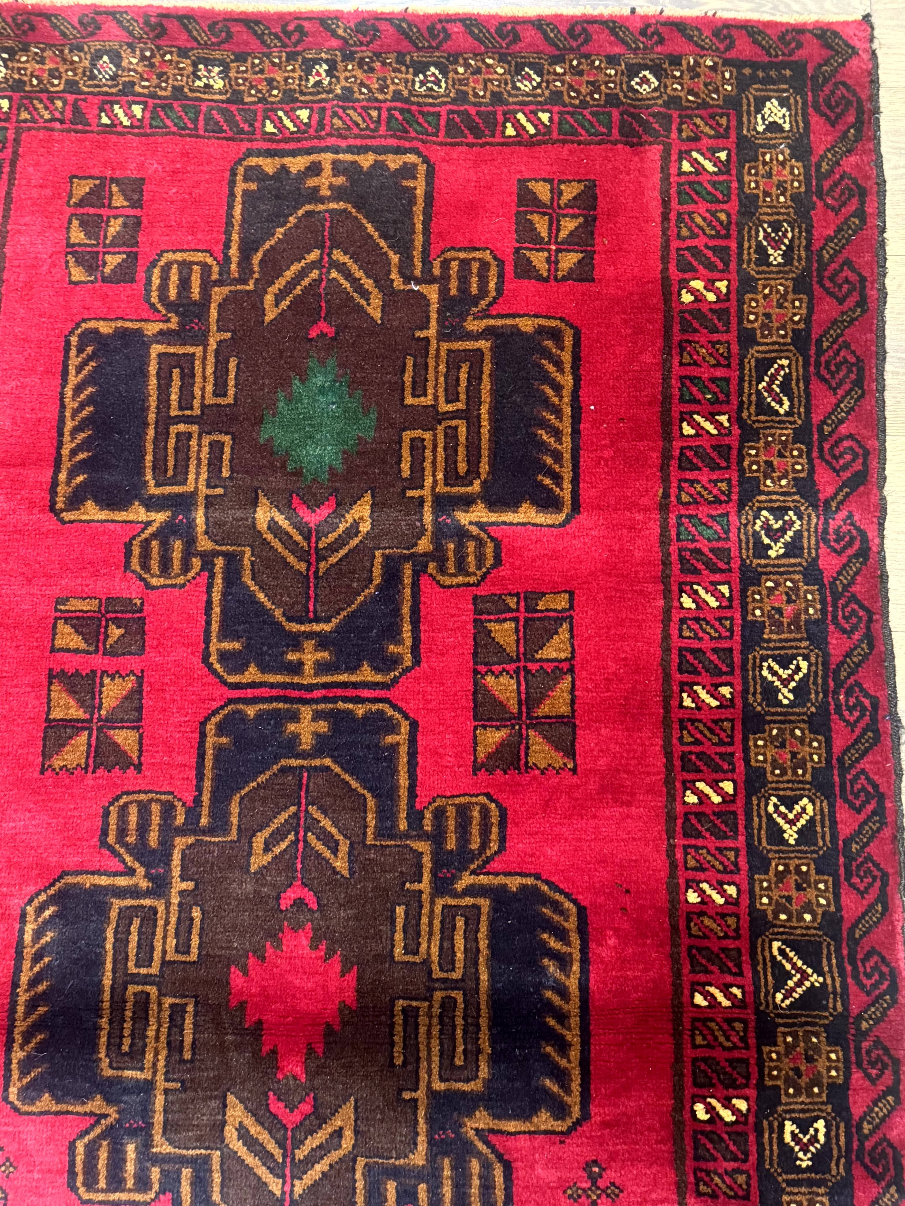 Red Afghan Balouch Rug 4x7, Triple Medallions, Handmade, New - Jewel Rugs