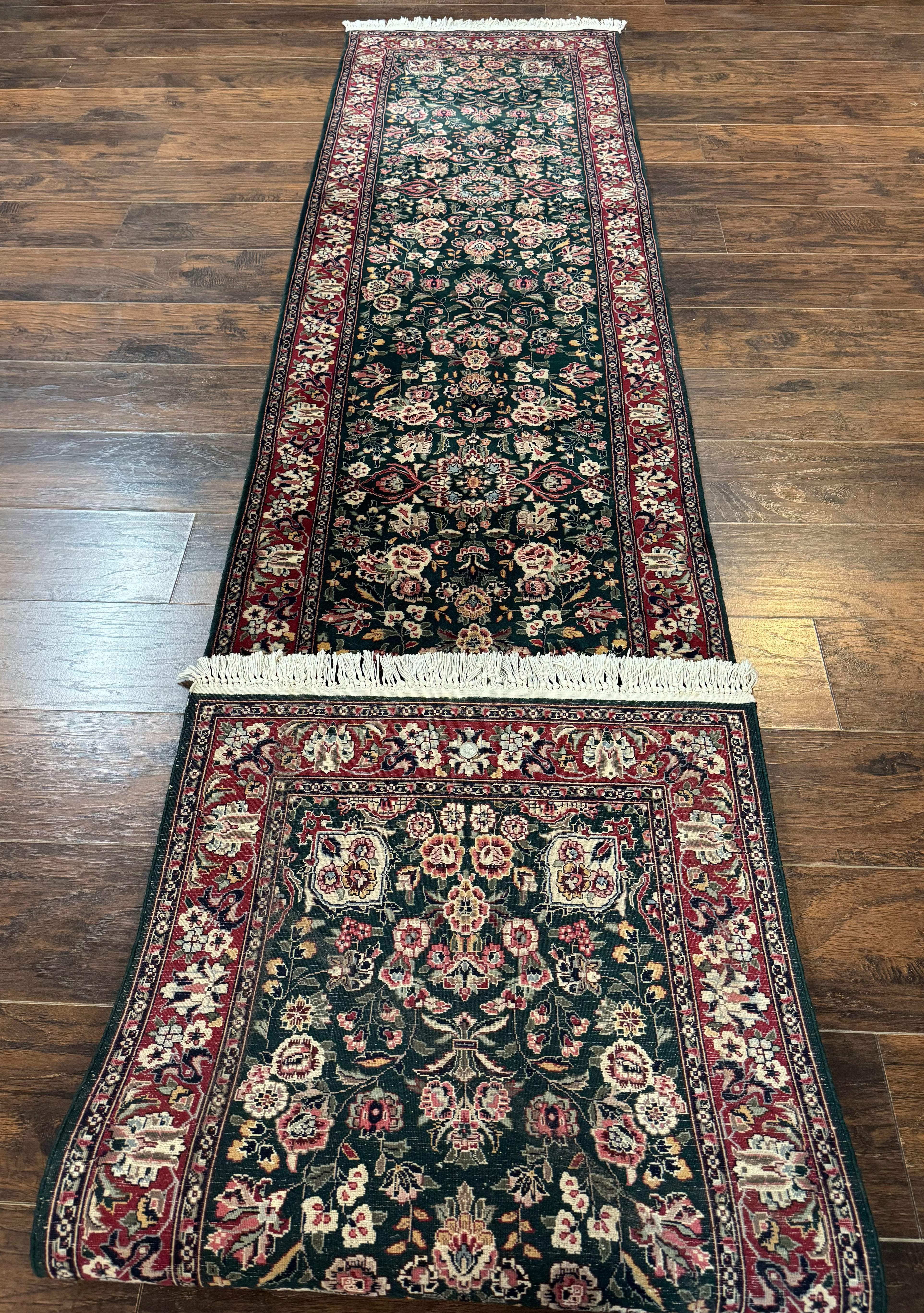 Pak Persian Runner Rug 3x12 – Dark Green and Wine Red, Hand-Knotted Wool, Vintage - Jewel Rugs