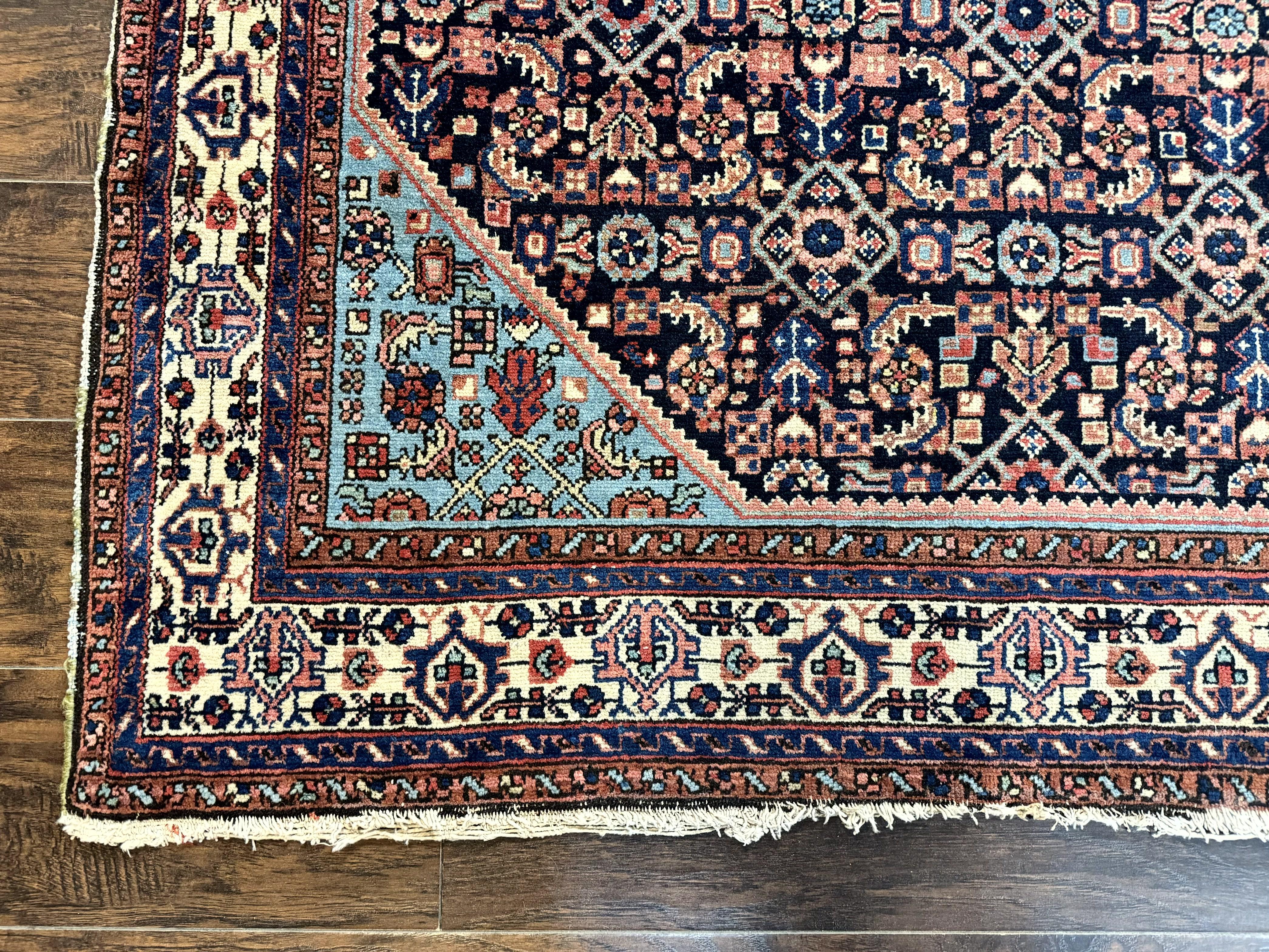 Antique Persian Rug 5 x 6.7, Navy Blue & Ivory, Handmade Persian Wool Carpet, Hamadan Angelas Rug - Jewel Rugs