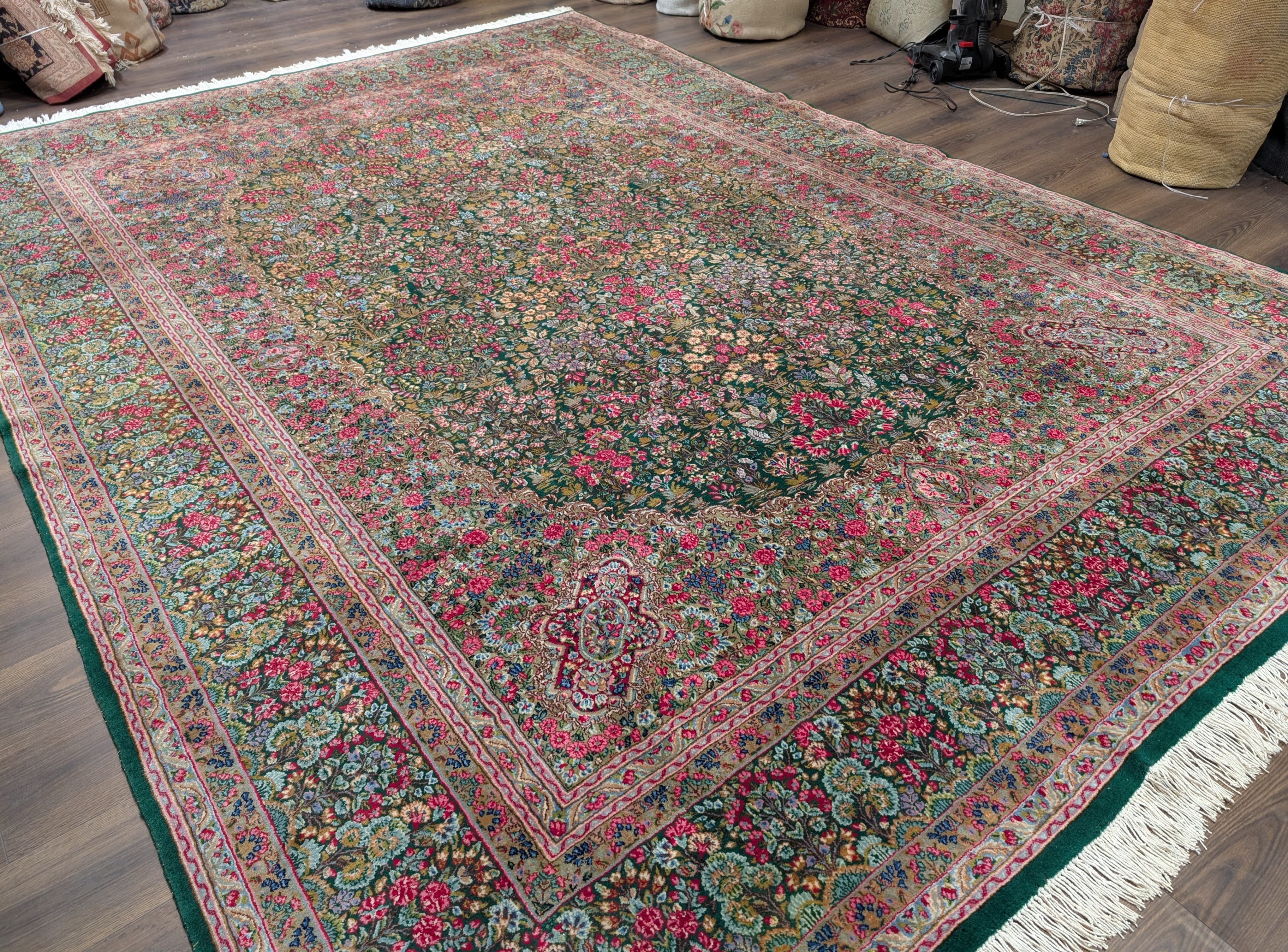Persian Kerman Rug 10x13, Millefleur Floral Allover Pattern, Hand-Knotted Wool Carpet, Dark Green, Multicolor - Jewel Rugs