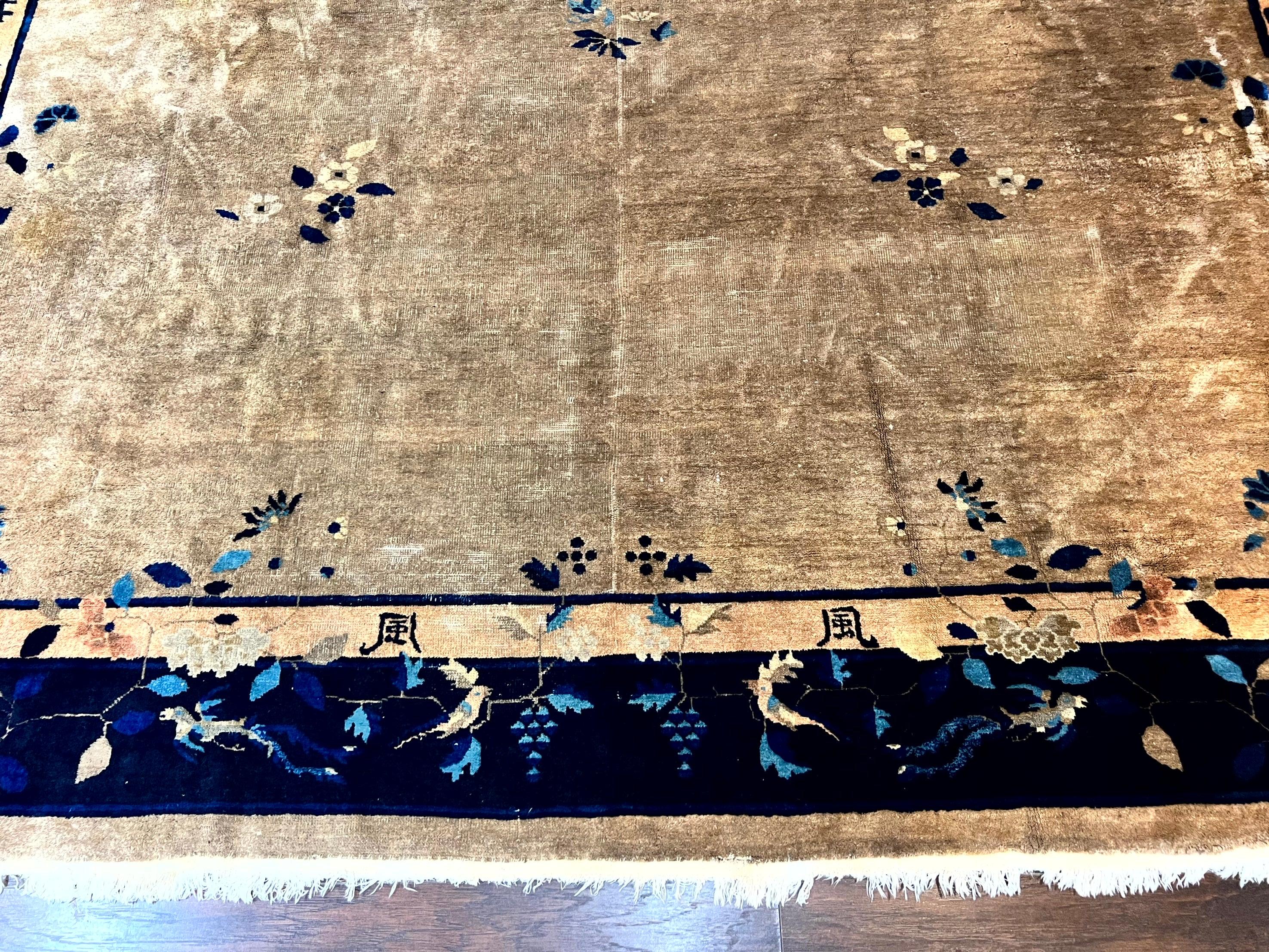 Antique Chinese Wool Rug 10x13, Large 1920s Peking Carpet, Handmade - Jewel Rugs