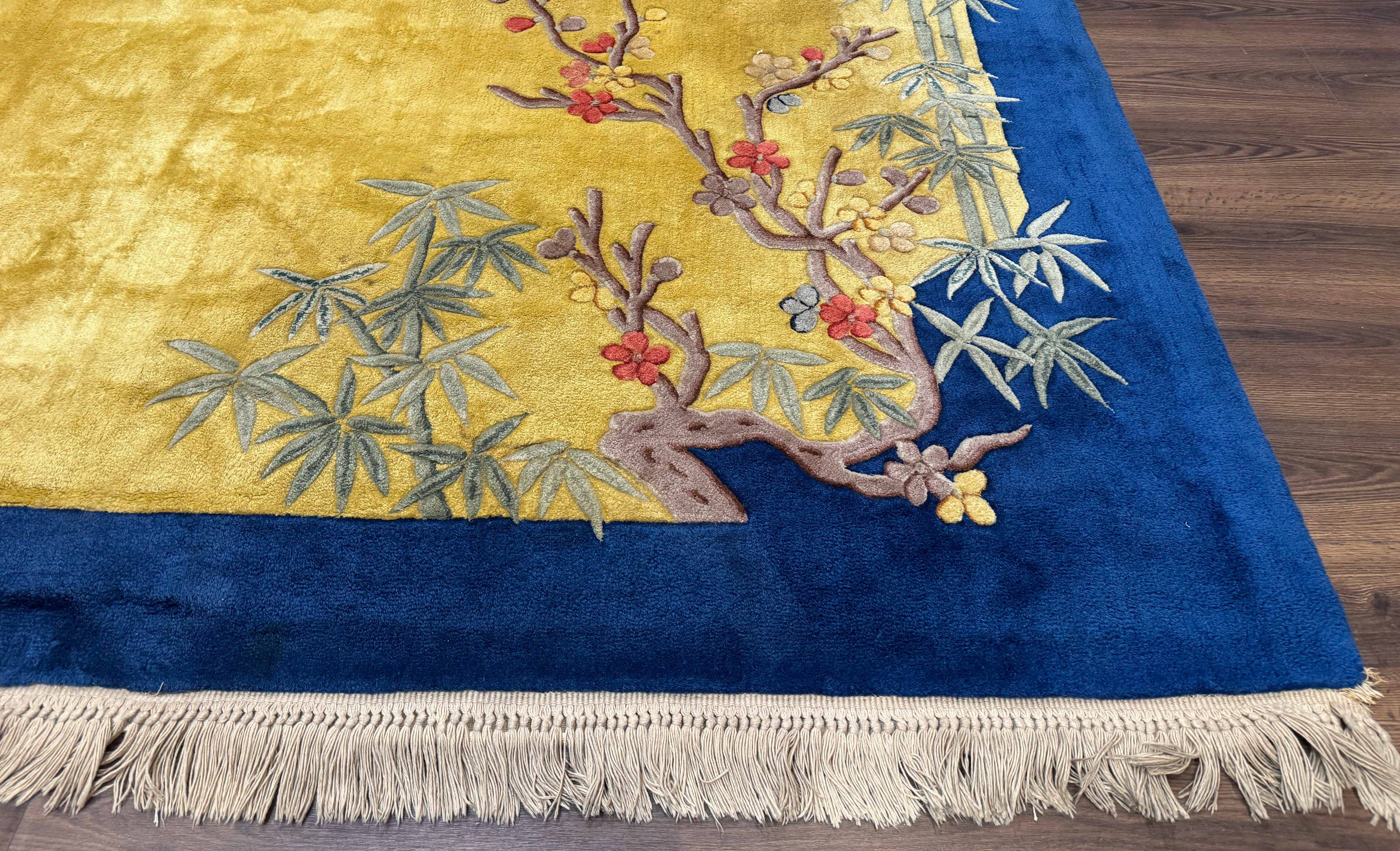 Chinese Peking Rug 9.6 x 13, Light Mustard & Blue, Wool Chinese Carpet, Hand Tufted, Vintage - Jewel Rugs