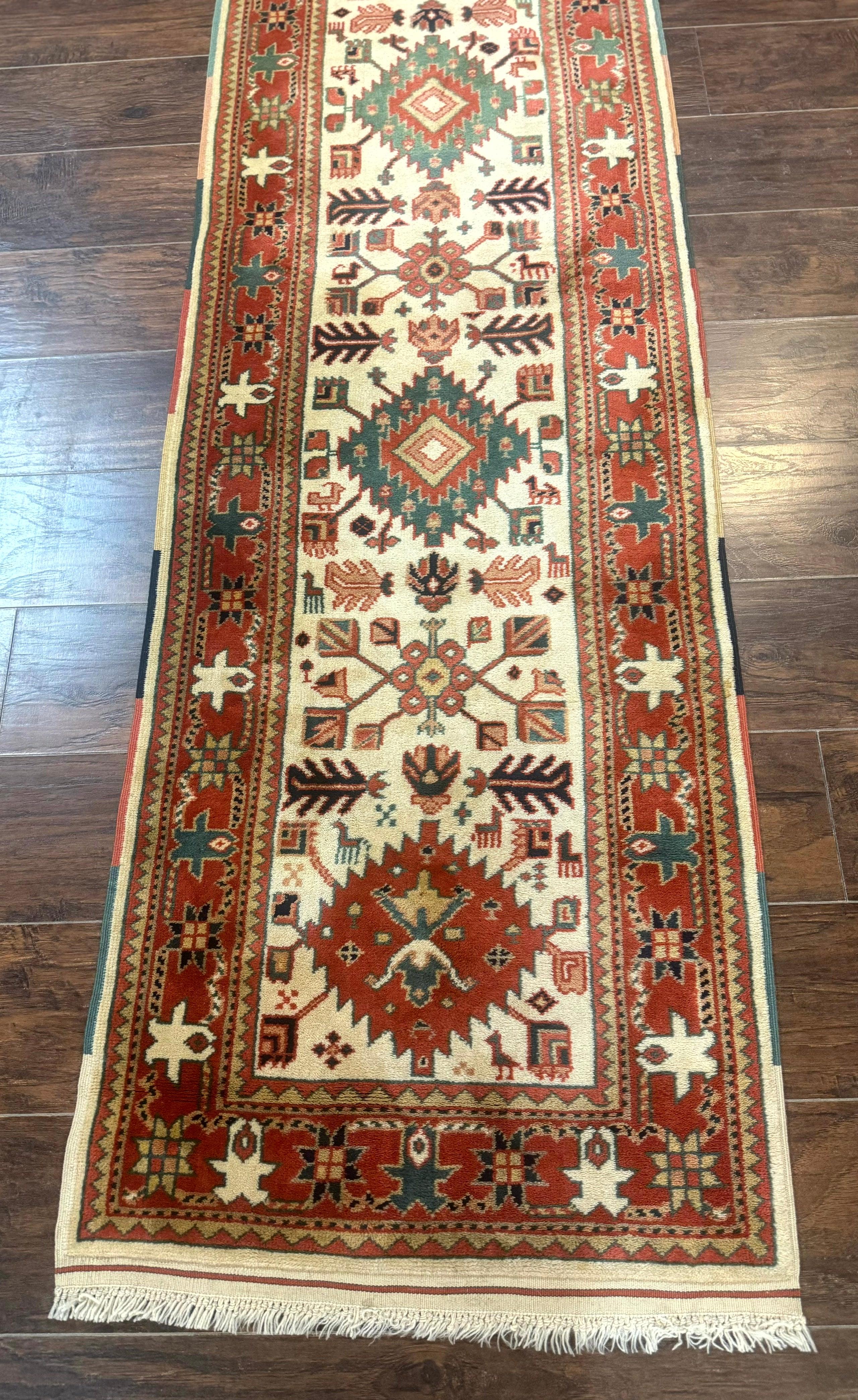 Turkish Runner Rug 2.4 x 8, Kazak Geometric Heriz Pattern, Beige Red - Jewel Rugs