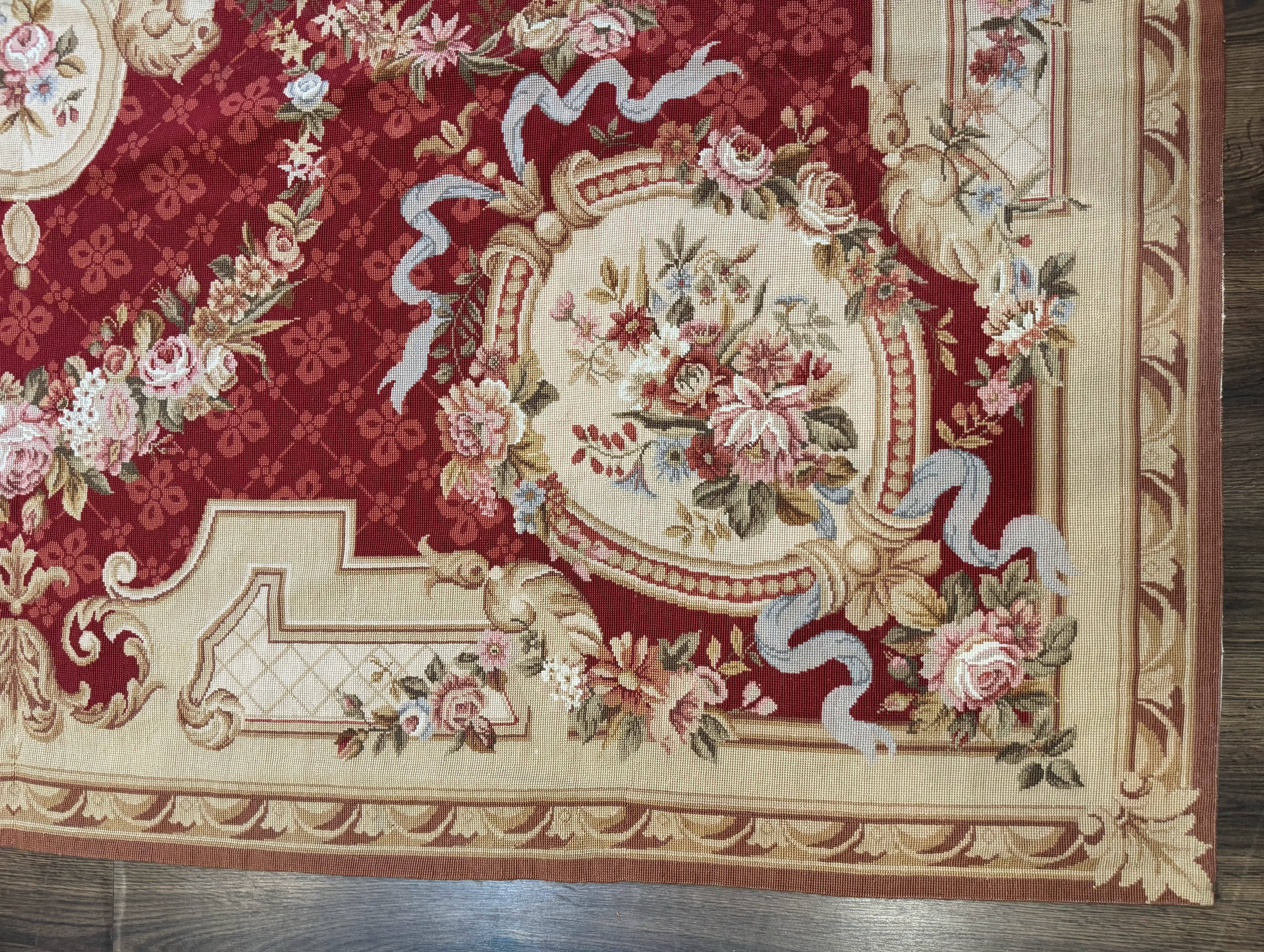 Aubusson Rug 8x11, Needlepoint Carpet, Red Ivory Beige, Vintage, French European Design - Jewel Rugs