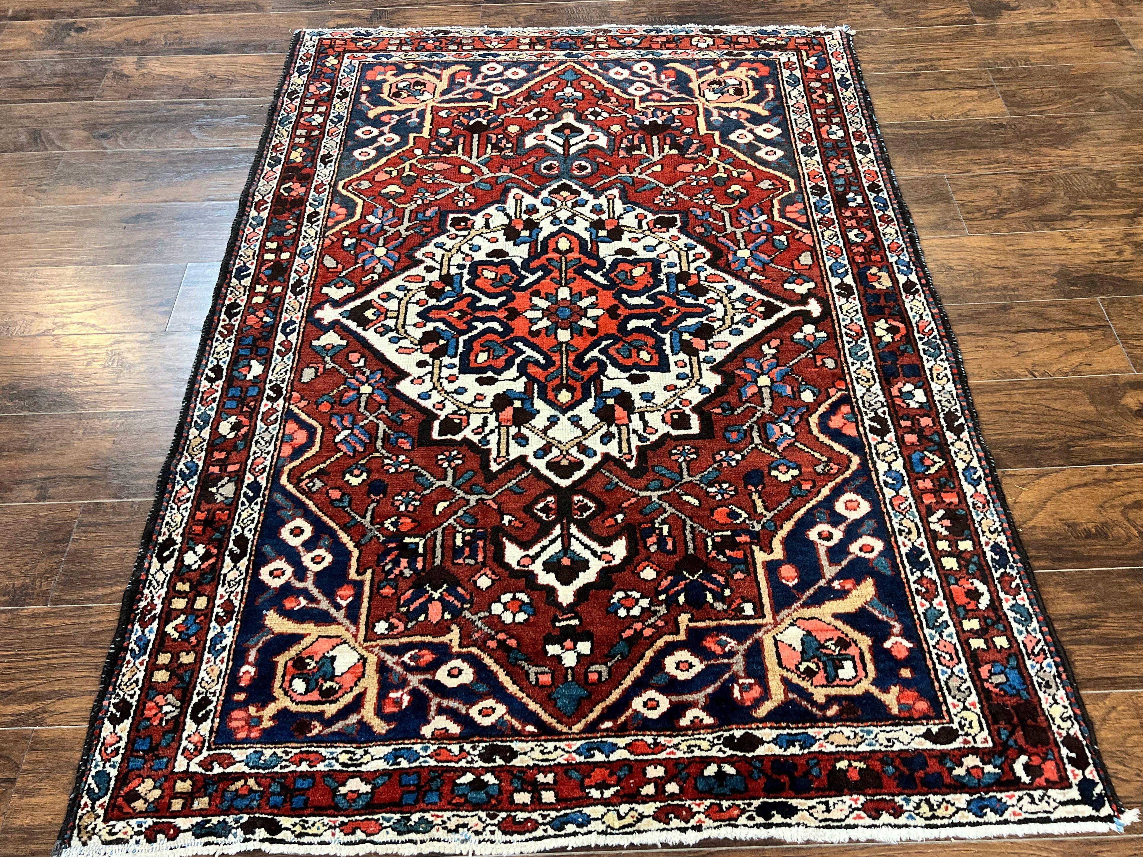 Persian Bakhtiari Rug 5 x 6.6, Tribal Geometric Carpet, Red Ivory, Handmade Wool Medium Sized Oriental Rug, Semi Antique Vintage - Jewel Rugs