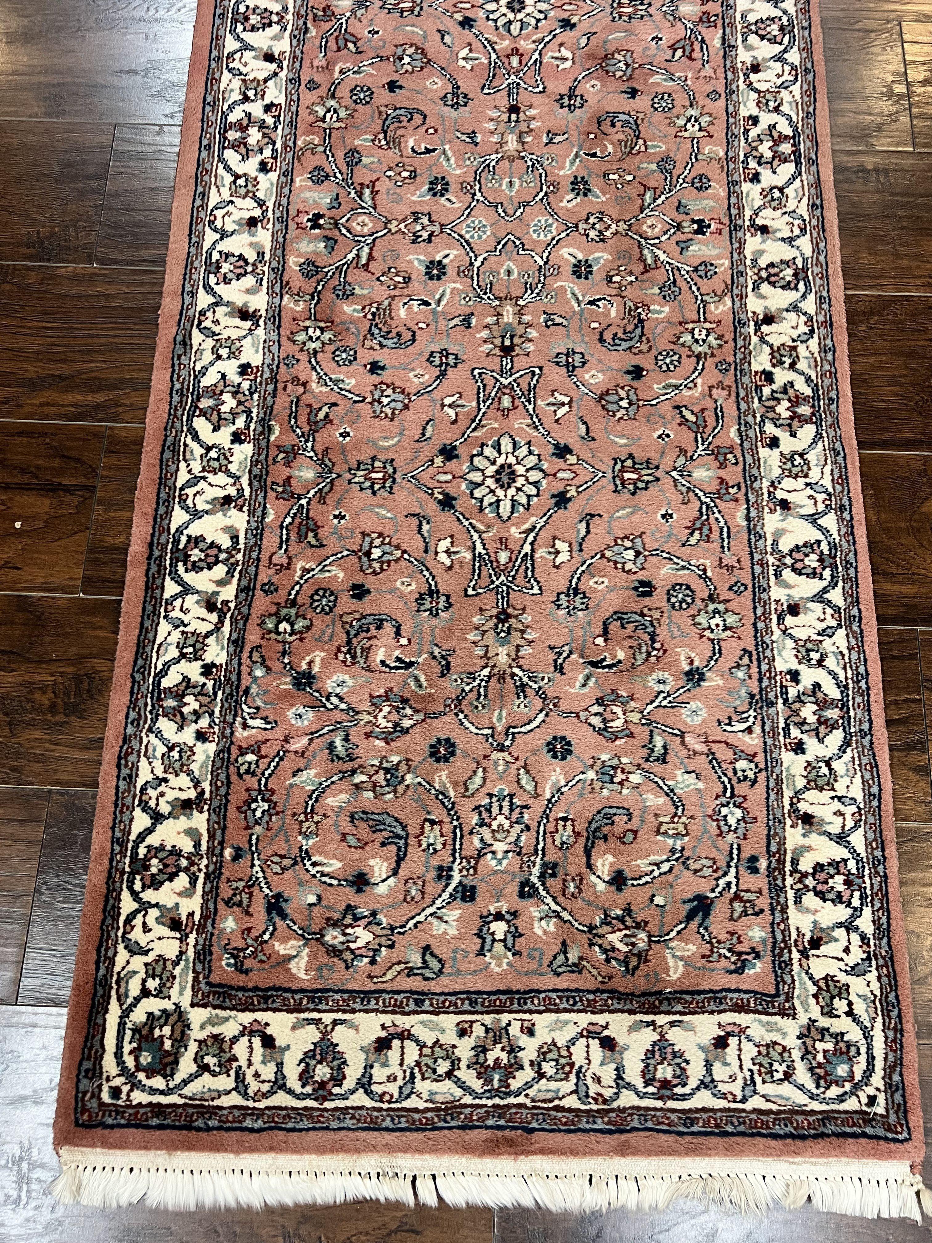 Indo Persian Runner Rug 2.6 x 10, Wool Hand Knotted Vintage Oriental Carpet, Pink & Ivory, Floral Allover, Hallway Rug - Jewel Rugs