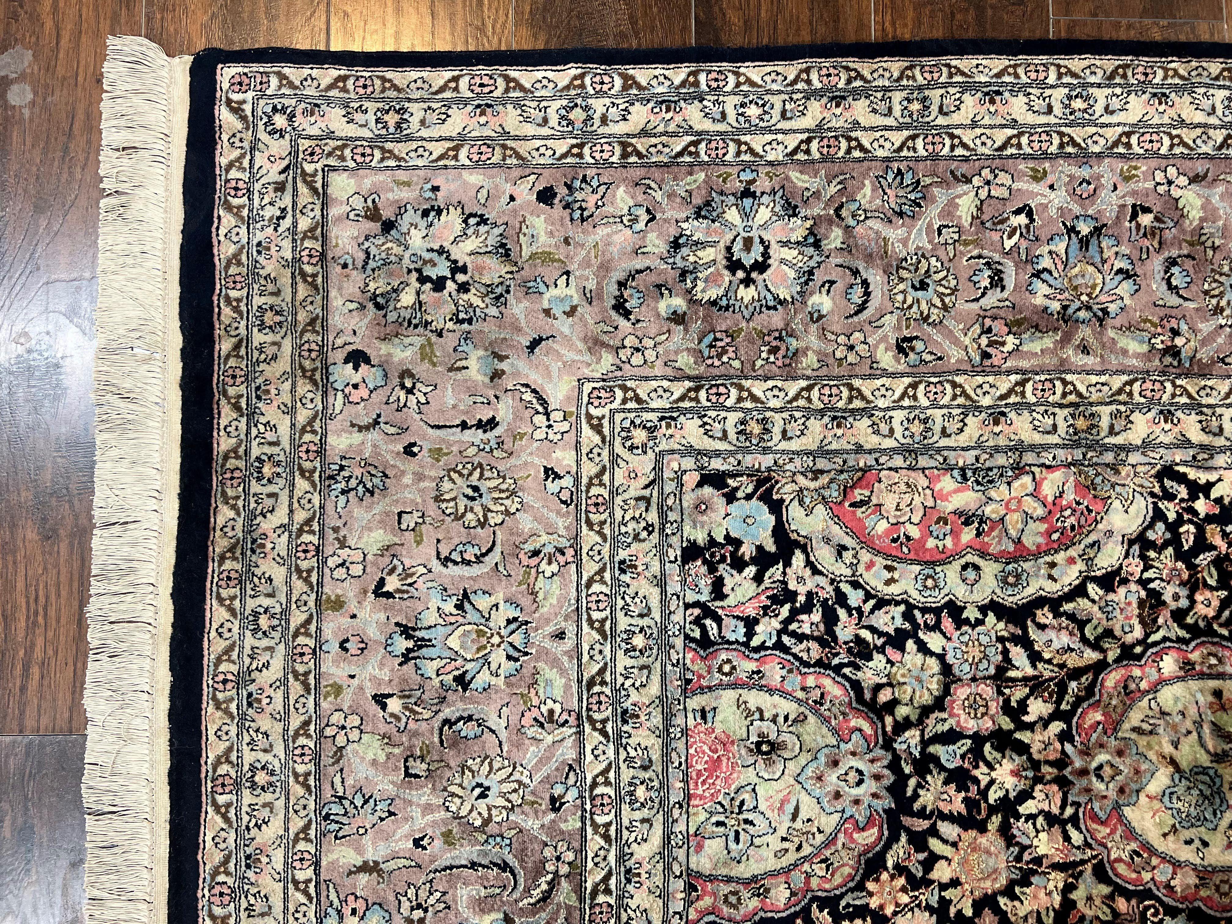 Sino Persian Rug 9x12, Navy Blue and Pink Hand Knotted Wool and Silk Highlights Vintage Oriental Carpet, Handmade Floral Area Rug 9 x 12 ft - Jewel Rugs