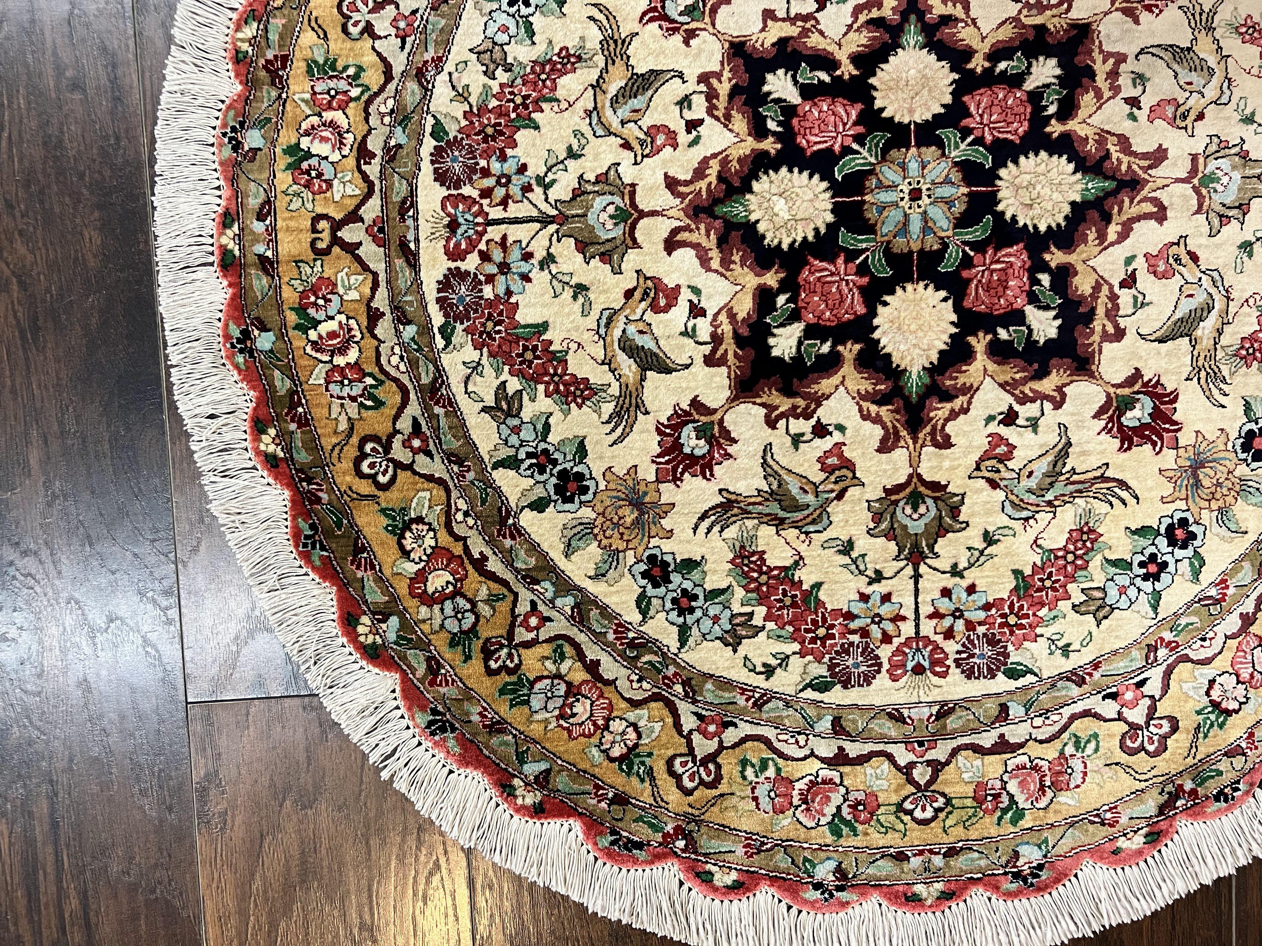 Silk Persian Tabriz Round Rug 3x3 ft, Very Fine Hand Knotted Carpet 380 KPSI, Cream & Gold, Bird Pictorials, Floral, Rare - Jewel Rugs