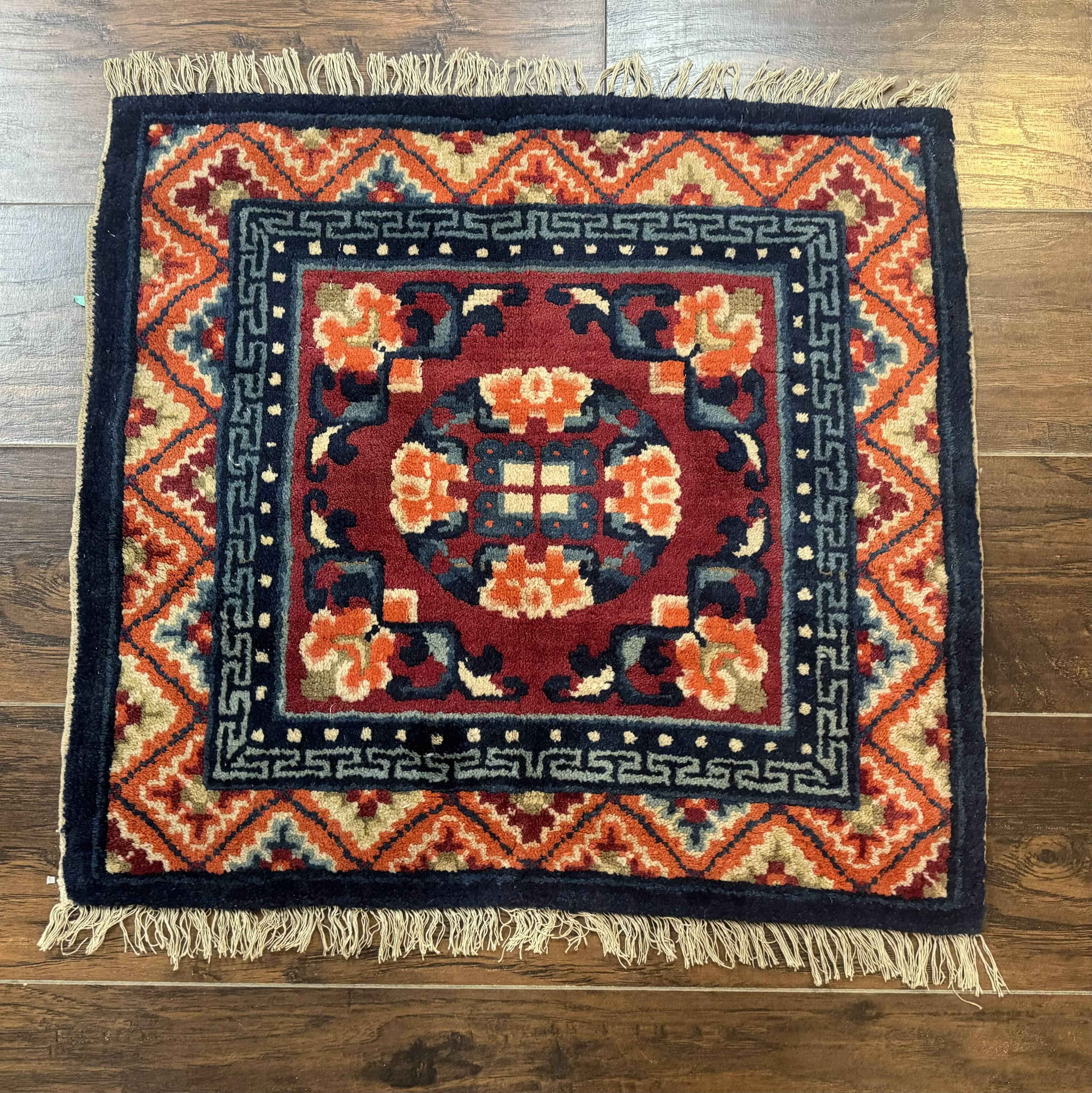 Small Antique Chinese Square Rug 2x3, Tibetan Rug, Red Orange Blue, 1920s Rug - Jewel Rugs