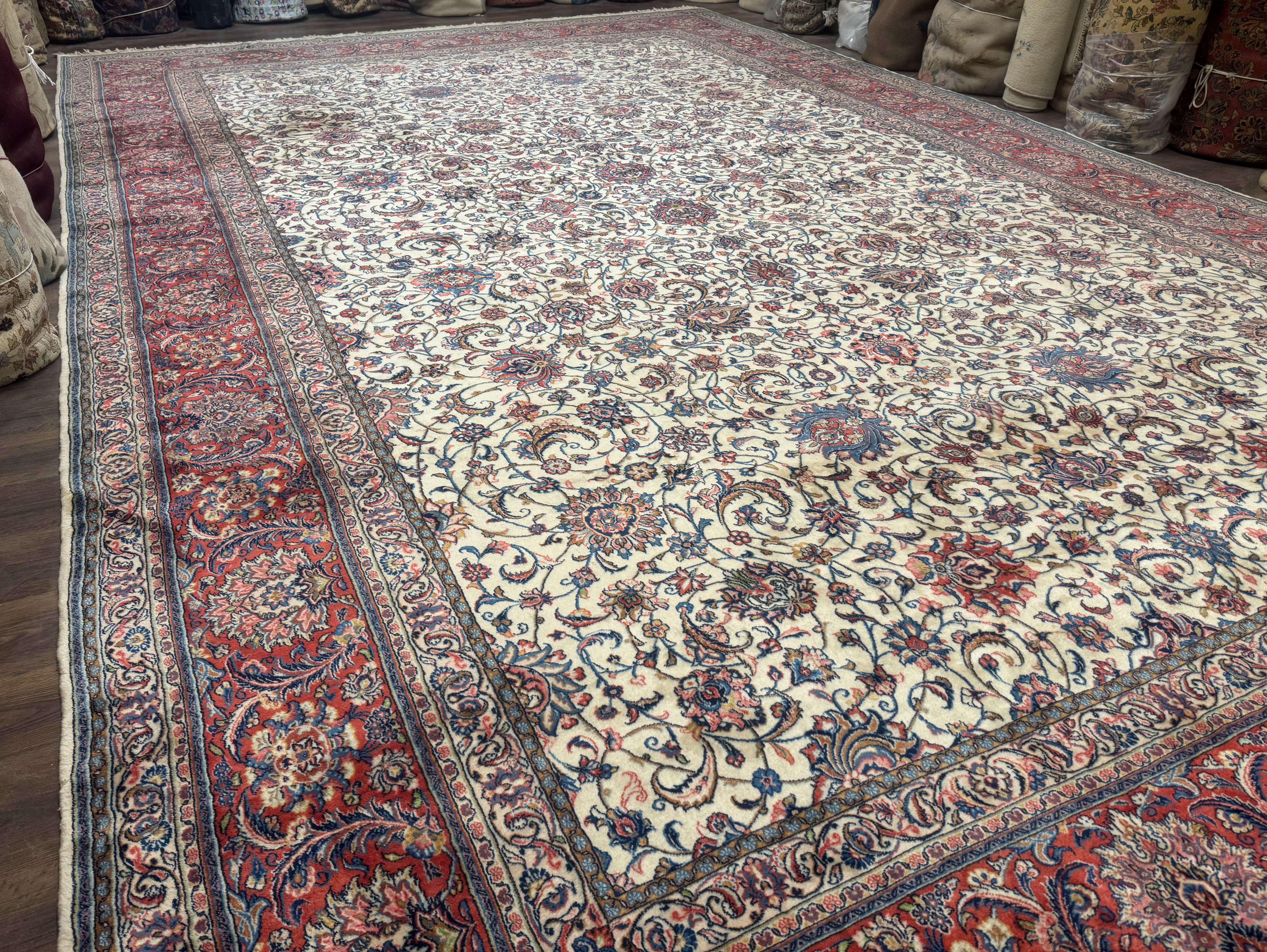 Ivory Persian Sarouk Rug 13x20, Palace Size Carpet, 225 KPSI, Traditional Wool Handmade Vintage Extra Large Rug 13 x 20 ft, Allover Pattern, - Jewel Rugs