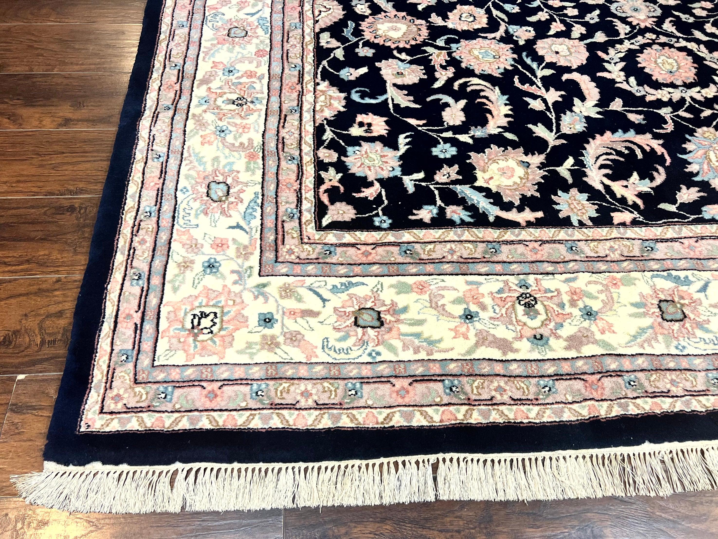 Indo Persian Rug 9x12, Navy Blue and Ivory/Cream, Floral Allover, Wool Vintage Handmade Carpet - Jewel Rugs