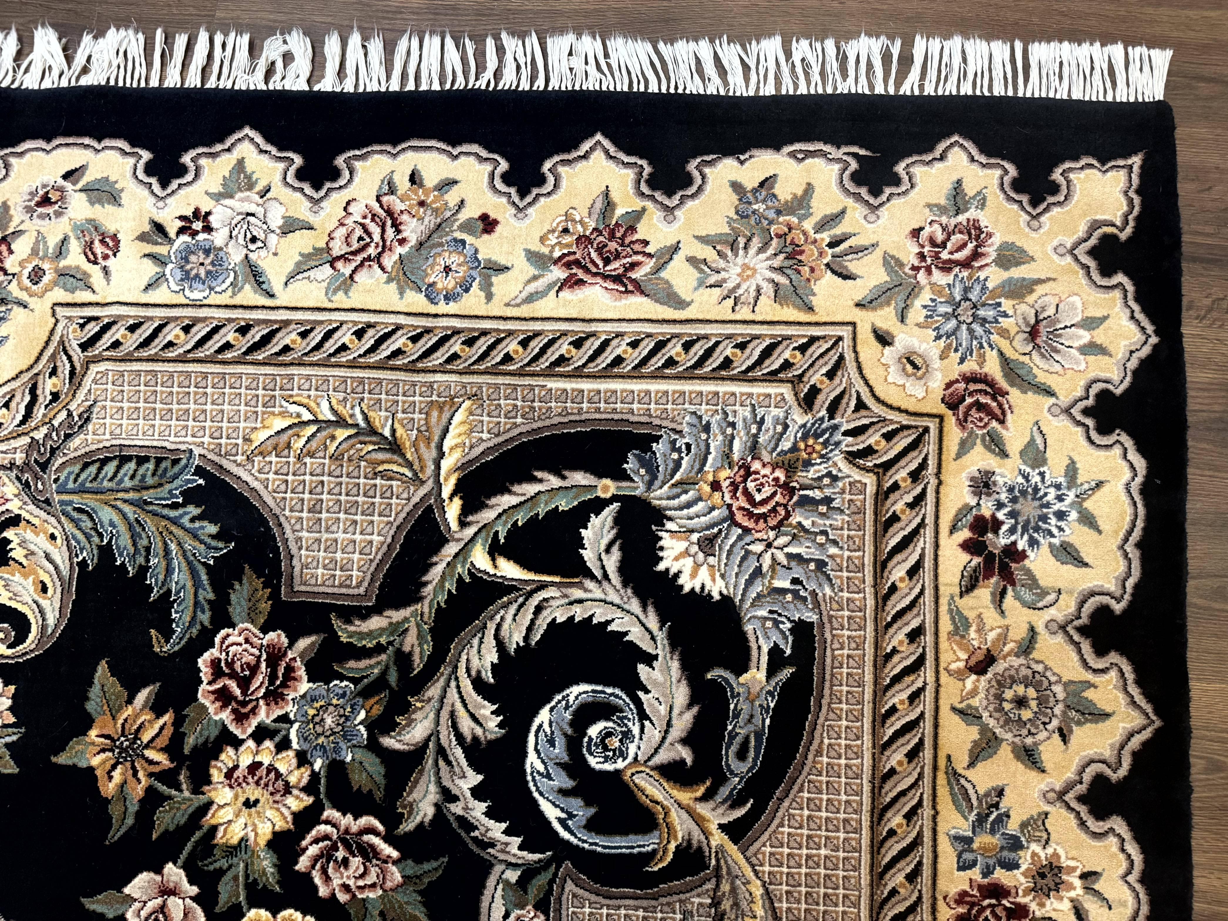 Aubusson Rug 9x12, Black and Beige, Floral, Elegant Handmade French European Design Carpet - Jewel Rugs