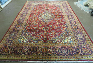 Antique Persian Kashan Rug 7x10, Floral Medallion, Red and Navy Blue Hand Knotted Wool Authentic Fine Oriental Carpet, Traditional Vintage Rug Nice