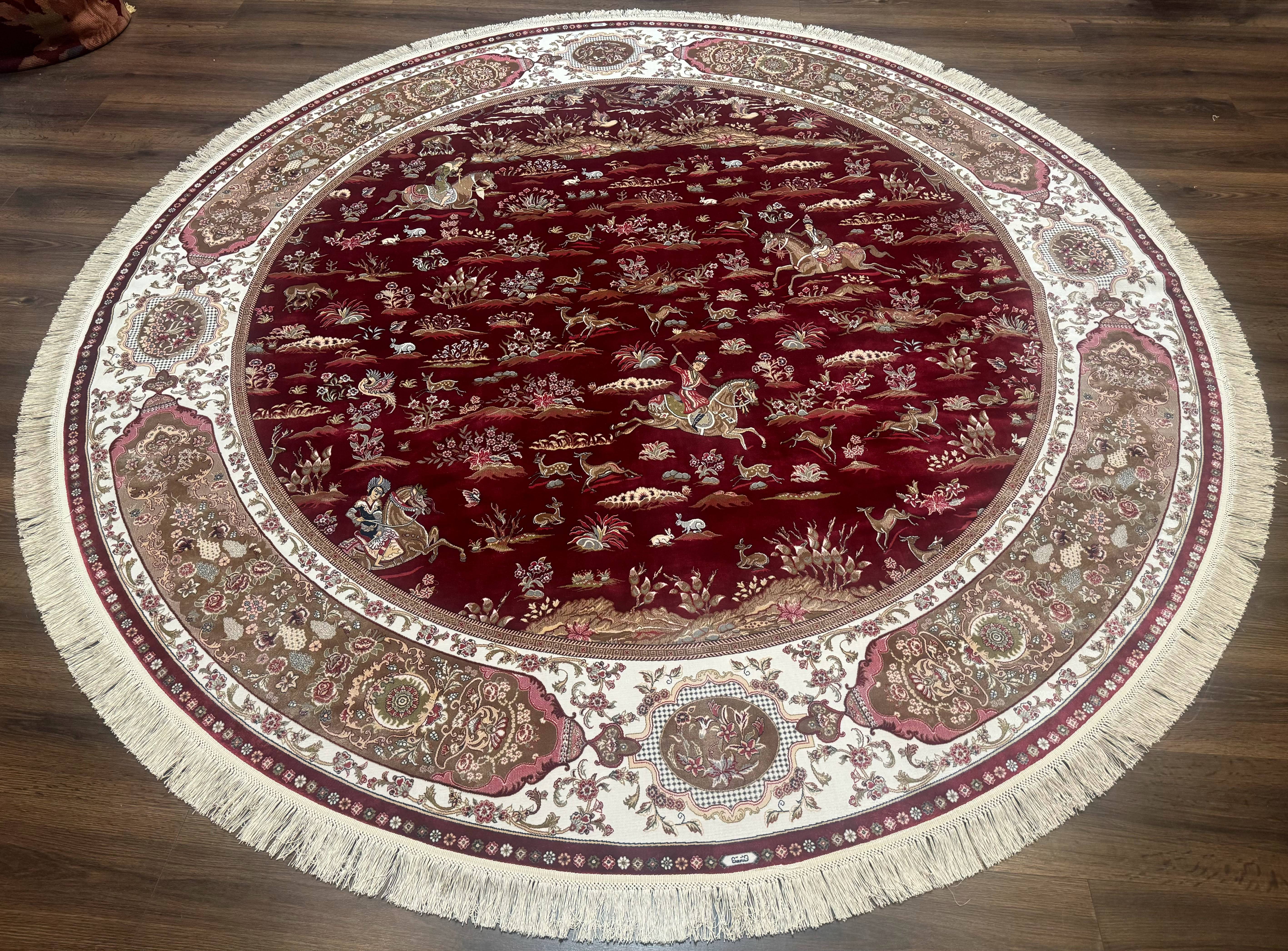 Large Round Turkish Silk Rug 8x8, Hunting Design, Dark Red & Ivory, Bamboo Silk - Jewel Rugs