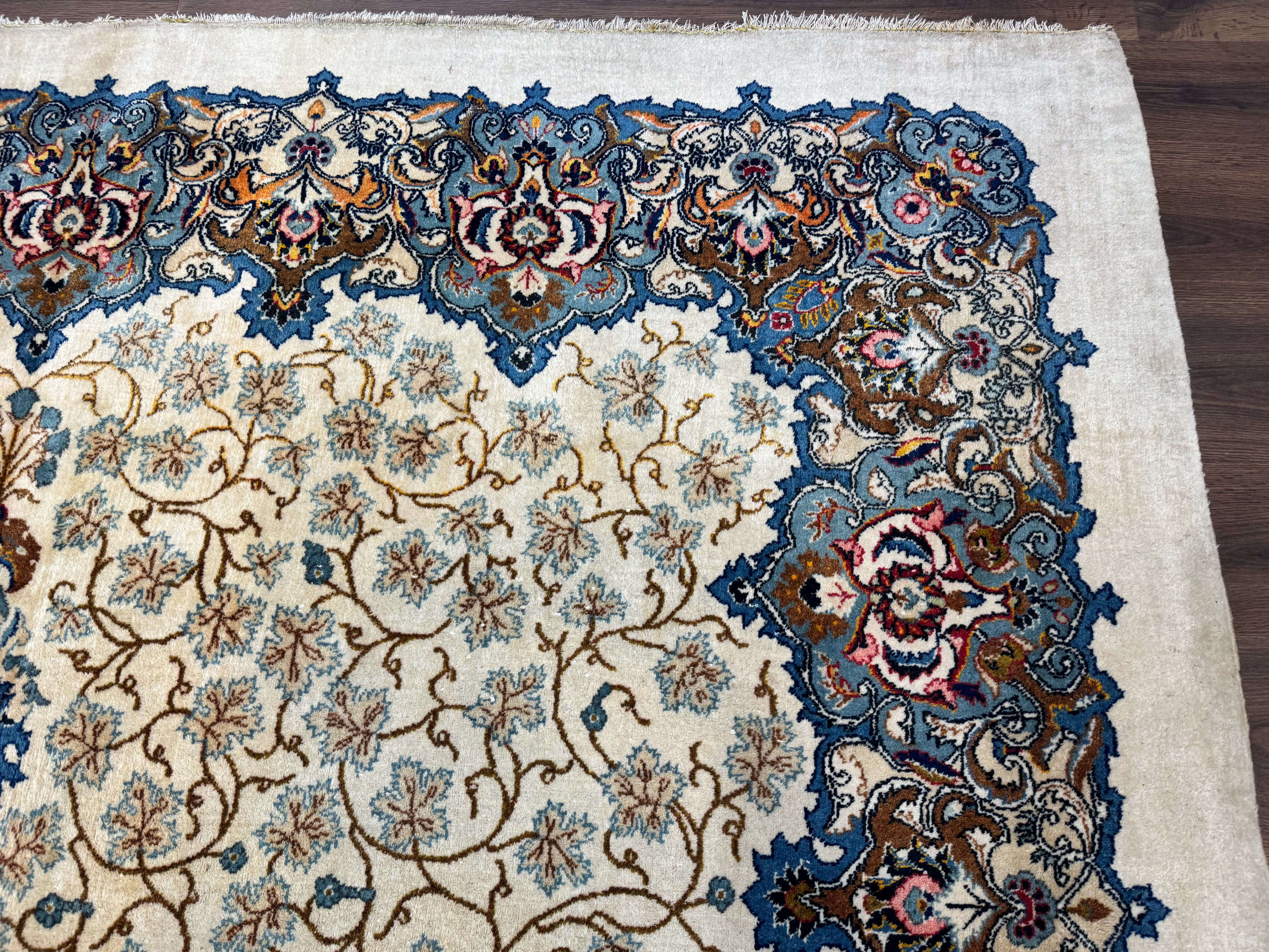 Persian Kashan Rug 9 x 12.6, Ivory and Blue, Floral Medallion, Wool Hand Knotted Semi Antique Carpet - Jewel Rugs