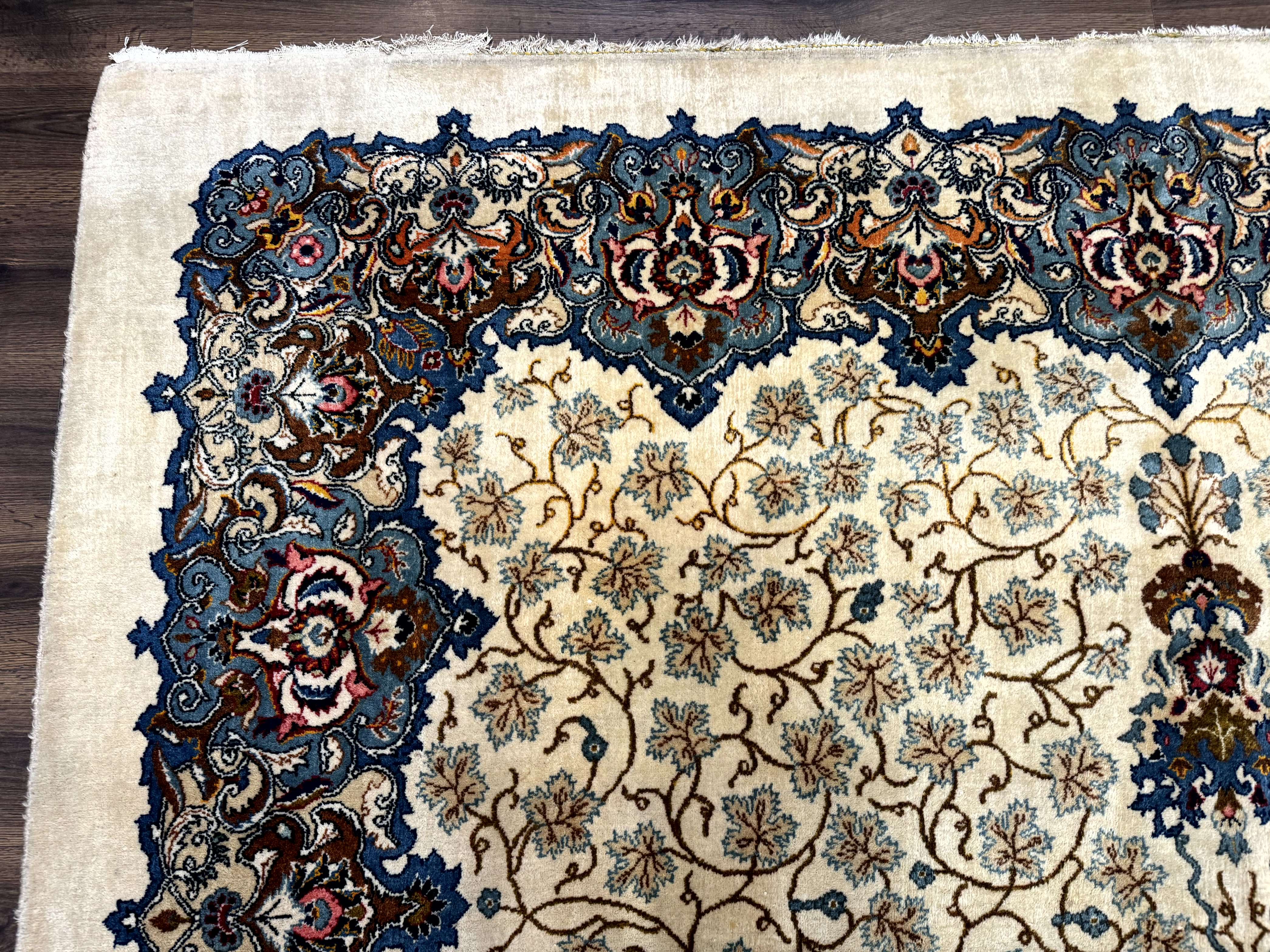 Persian Kashan Rug 9 x 12.6, Ivory and Blue, Floral Medallion, Wool Hand Knotted Semi Antique Carpet - Jewel Rugs
