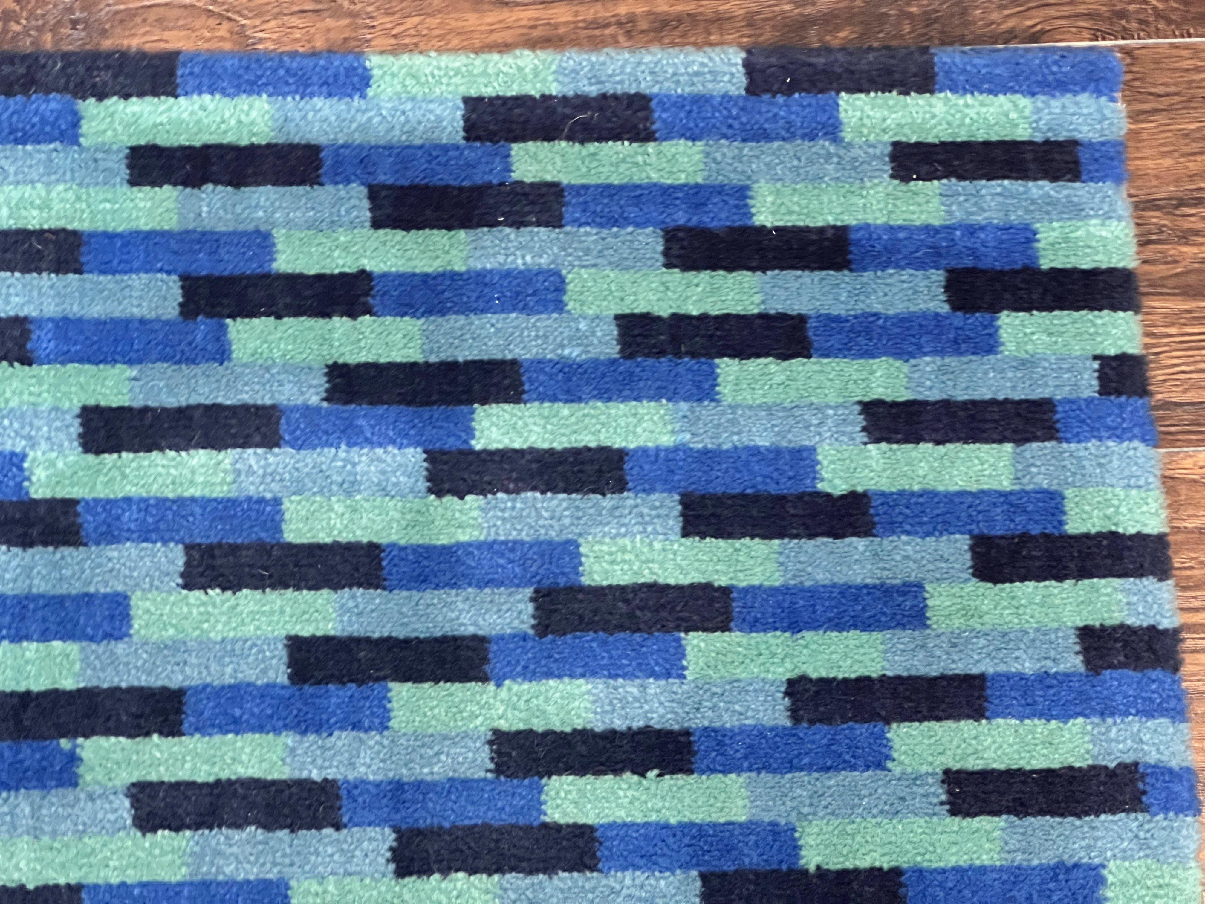 Wide Runner Rug 4.7 x 12, Blue Multicolor Contemporary Wool Power Loomed Rug, Mosiac Design - Jewel Rugs