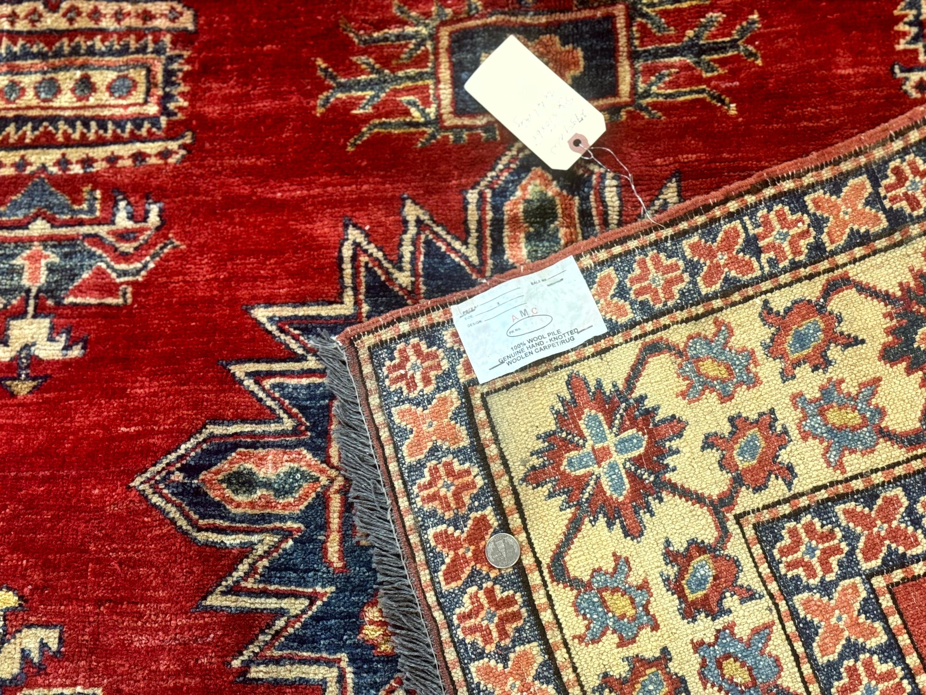 Square Turkish Rug 6x6, Azerbaijani Azeri Turkish Armenian Rug, Red Tan Blue, Geometric, Wool Carpet - Jewel Rugs