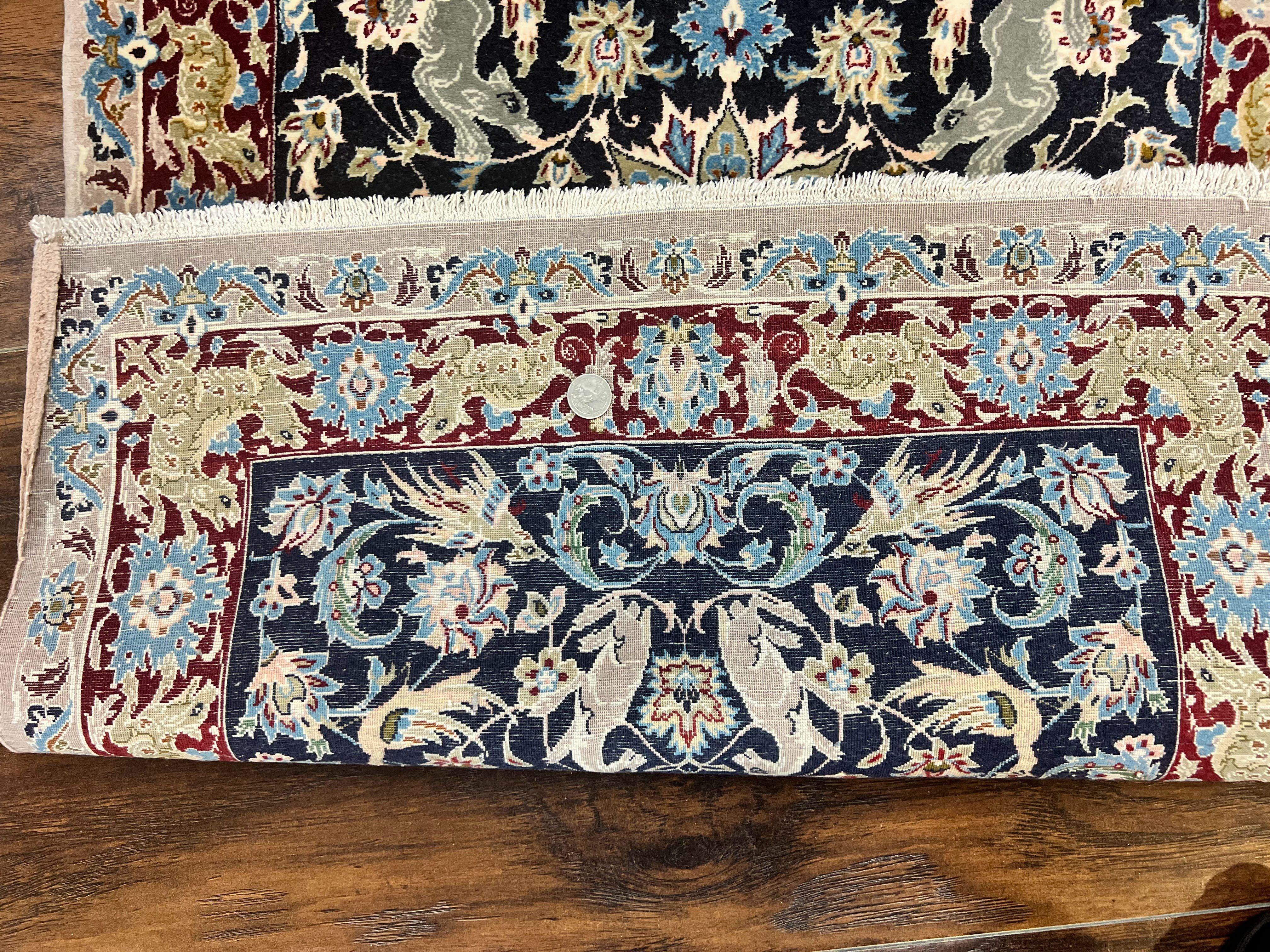 Wonderful Persian Isfahan Rug 2.4 x 4, Animal Pictorials Deer, Floral, Handmade Vintage Navy Blue Small Persian Carpet, Very Fine 430 KPSI Kork Wool - Jewel Rugs