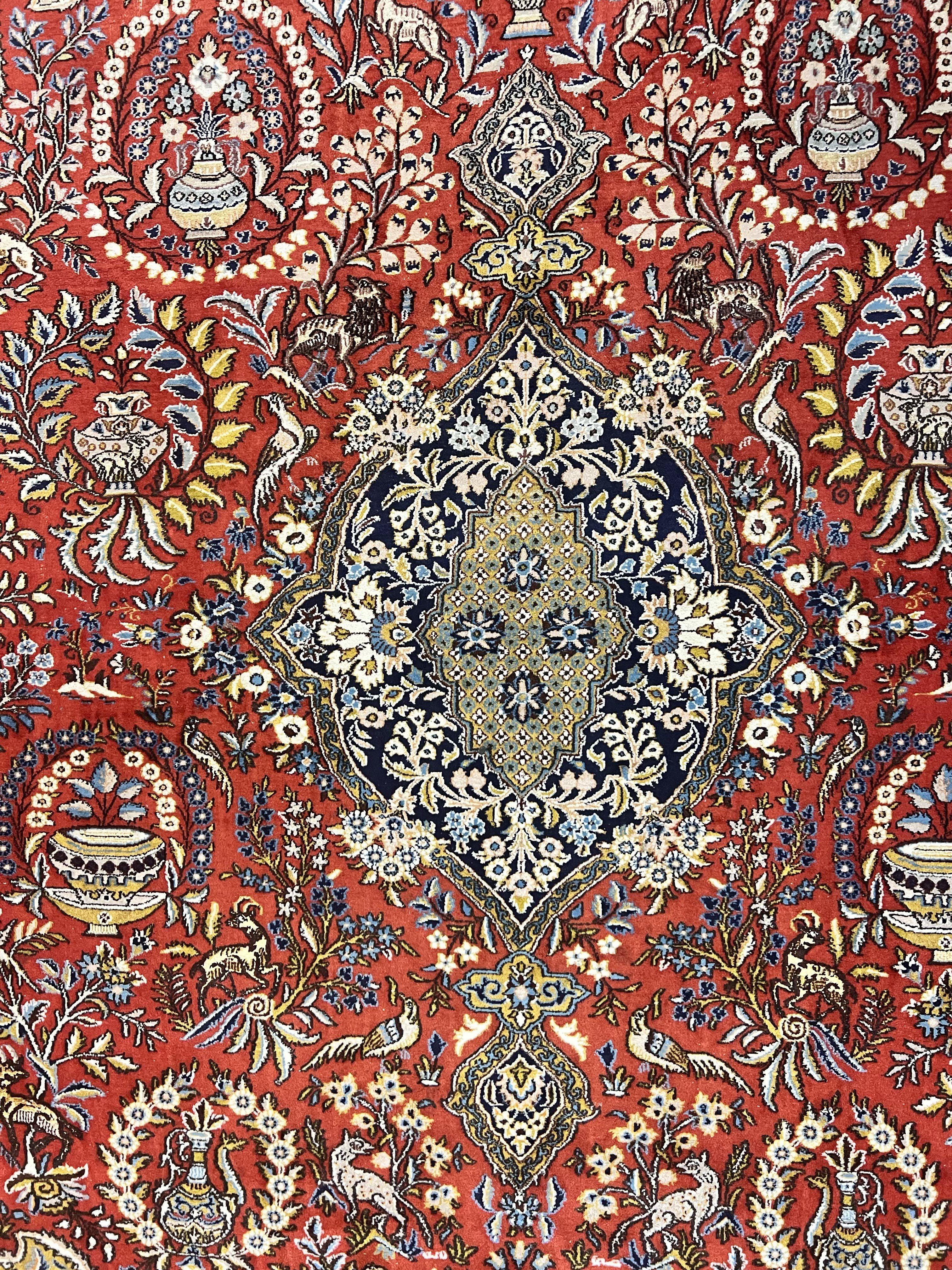 Wonderful Persian Qum Rug 10x14, Wool w/ Silk Highlights, Hand Knotted Semi Antique Vintage Carpet, Red, Floral, Fine Weave, Birds Deer Pictorials - Jewel Rugs